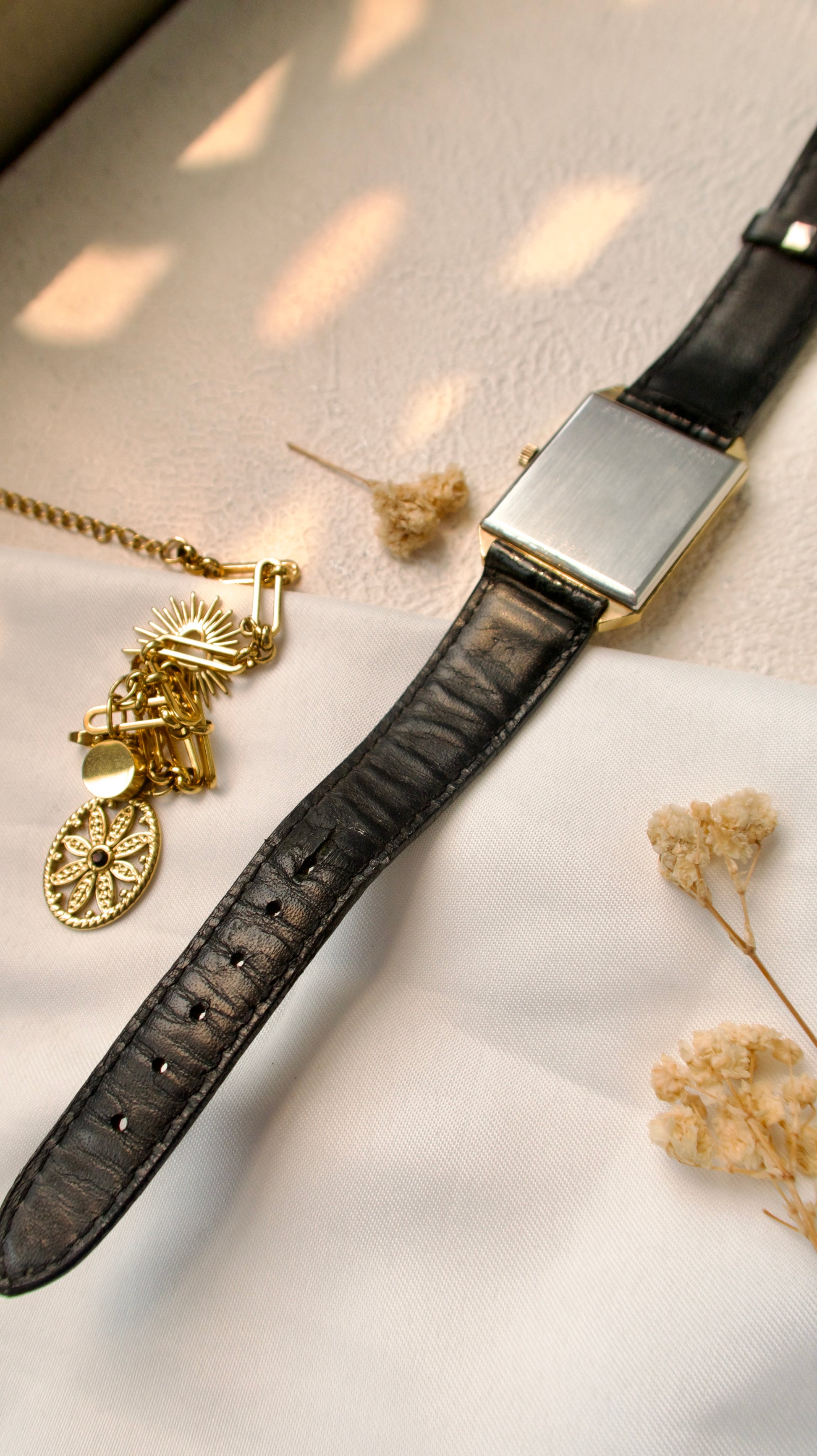 L. Gold Square Dial with Black Strap Watch