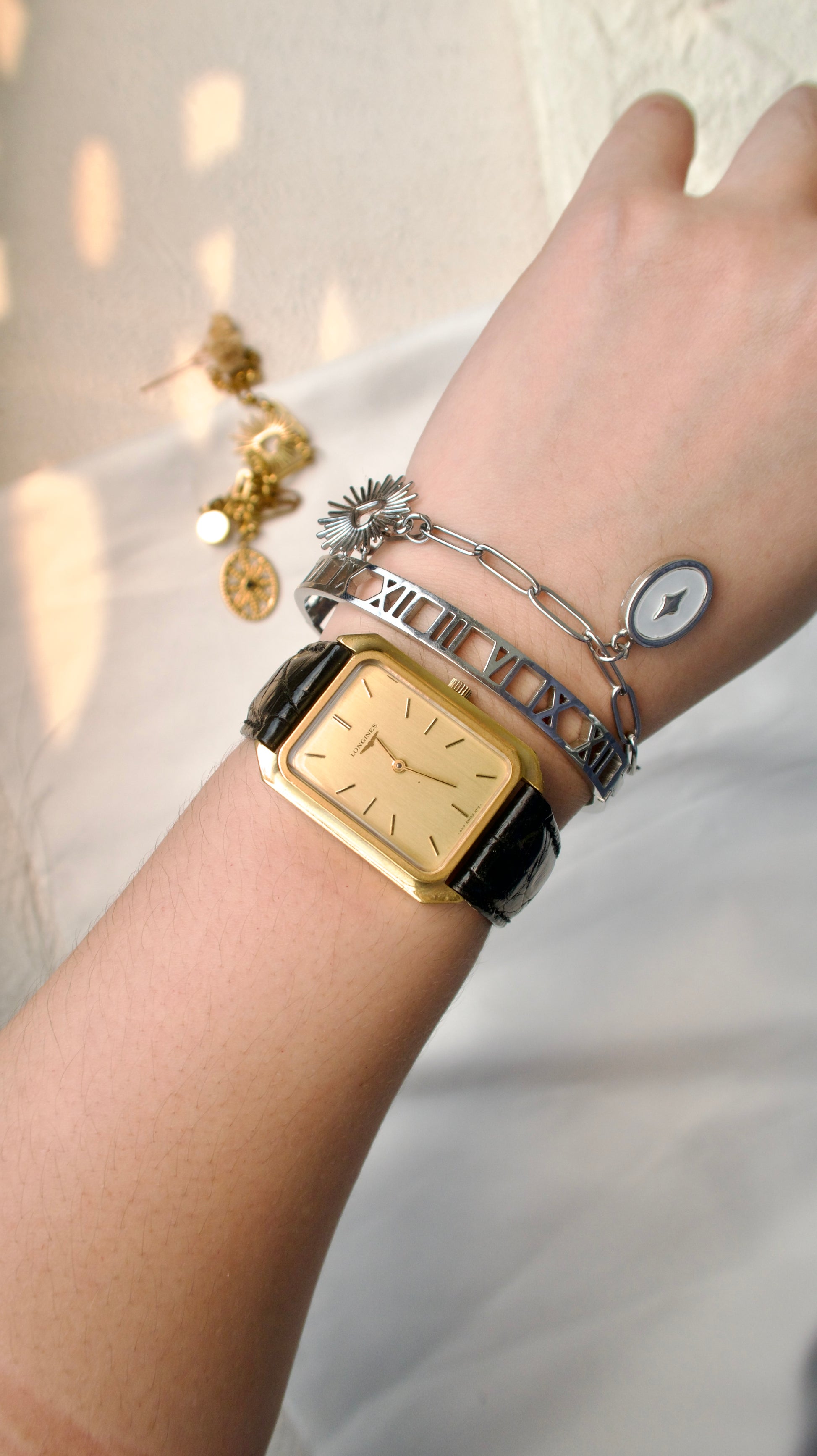 L. Gold Square Dial with Black Strap Watch