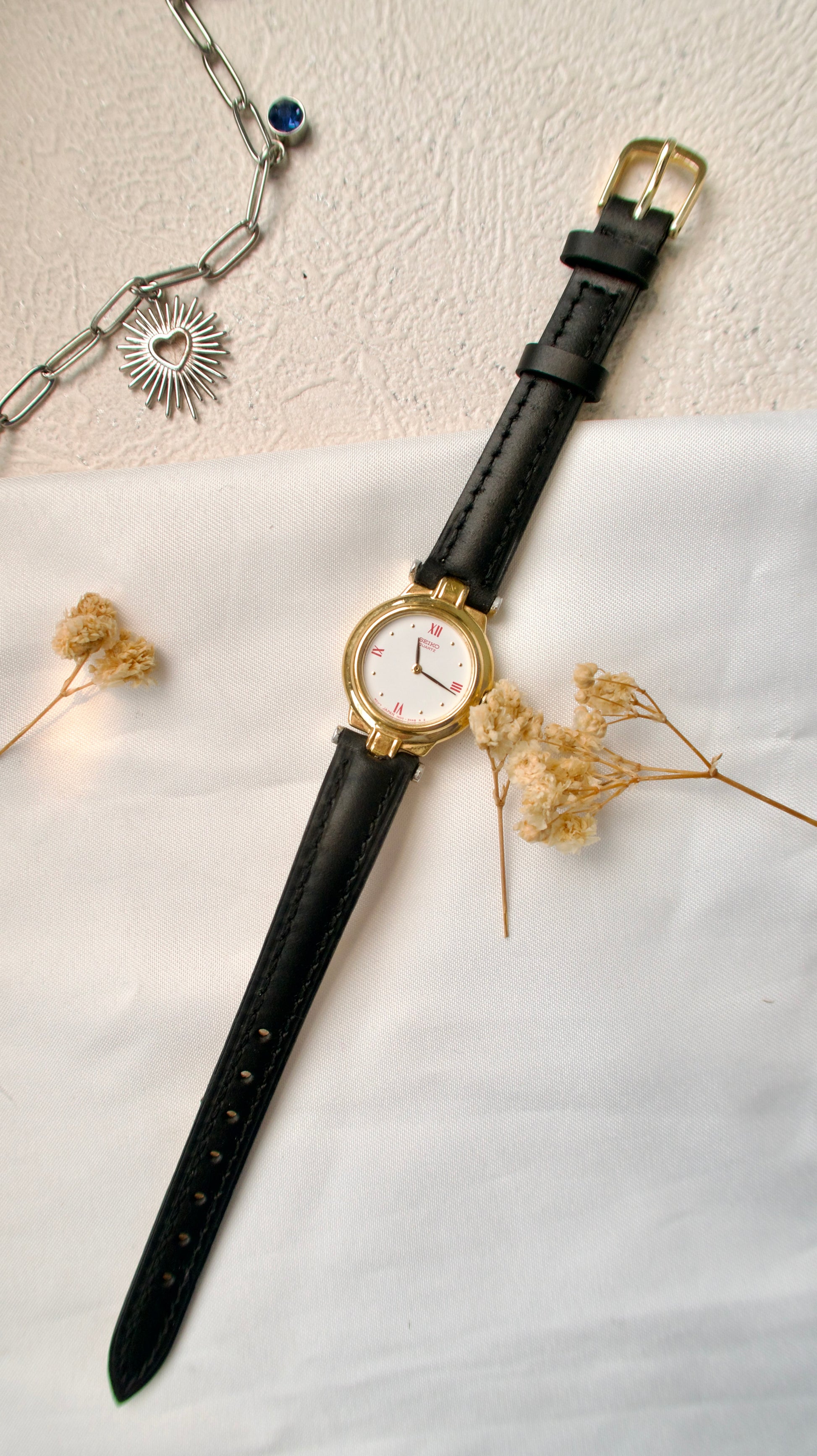 S. White Round Dial with Pink Red Roman and Black Strap Watch