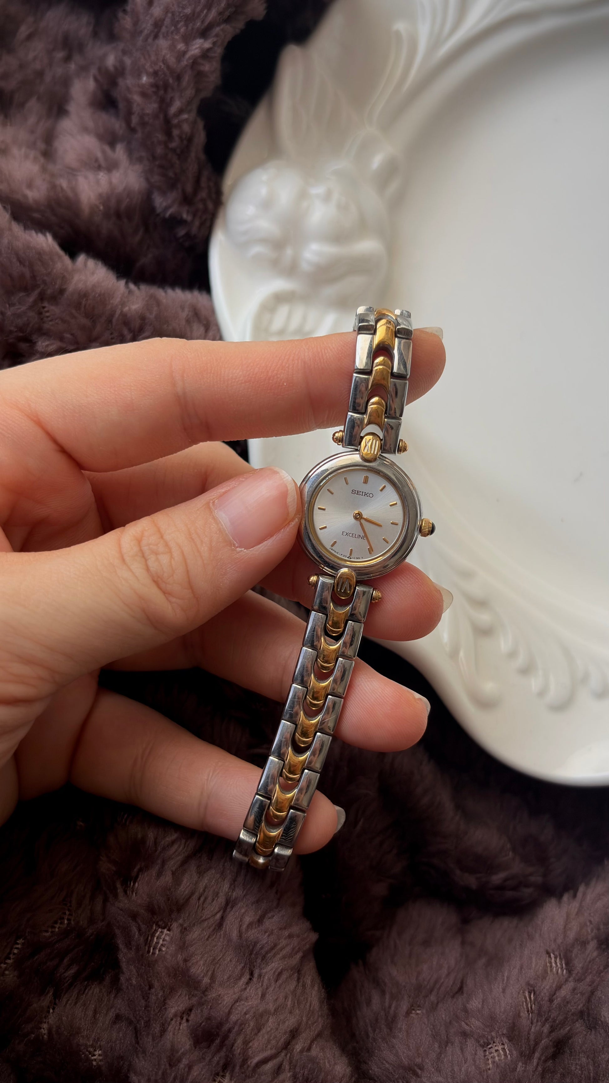 S. Exceline Silver Round Dial Two Tone Chain Watch