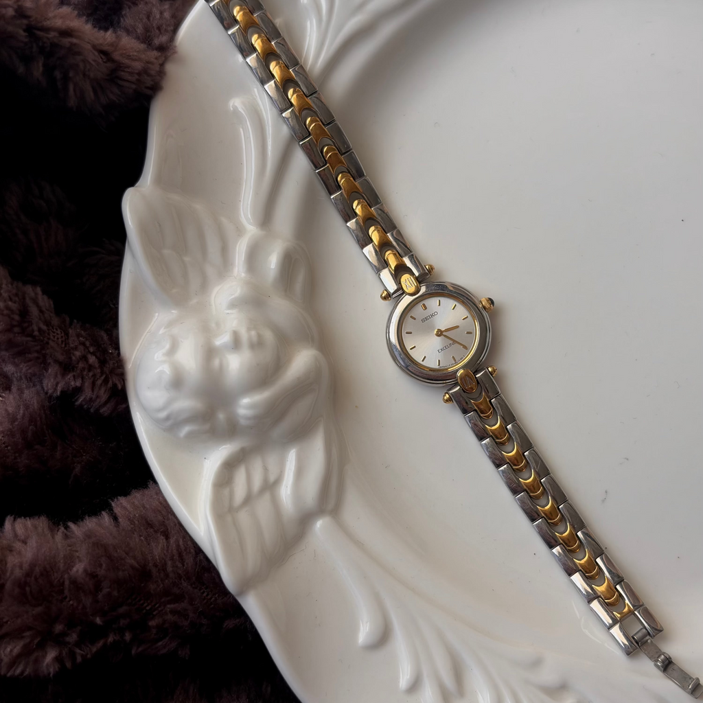S. Exceline Silver Round Dial Two Tone Chain Watch
