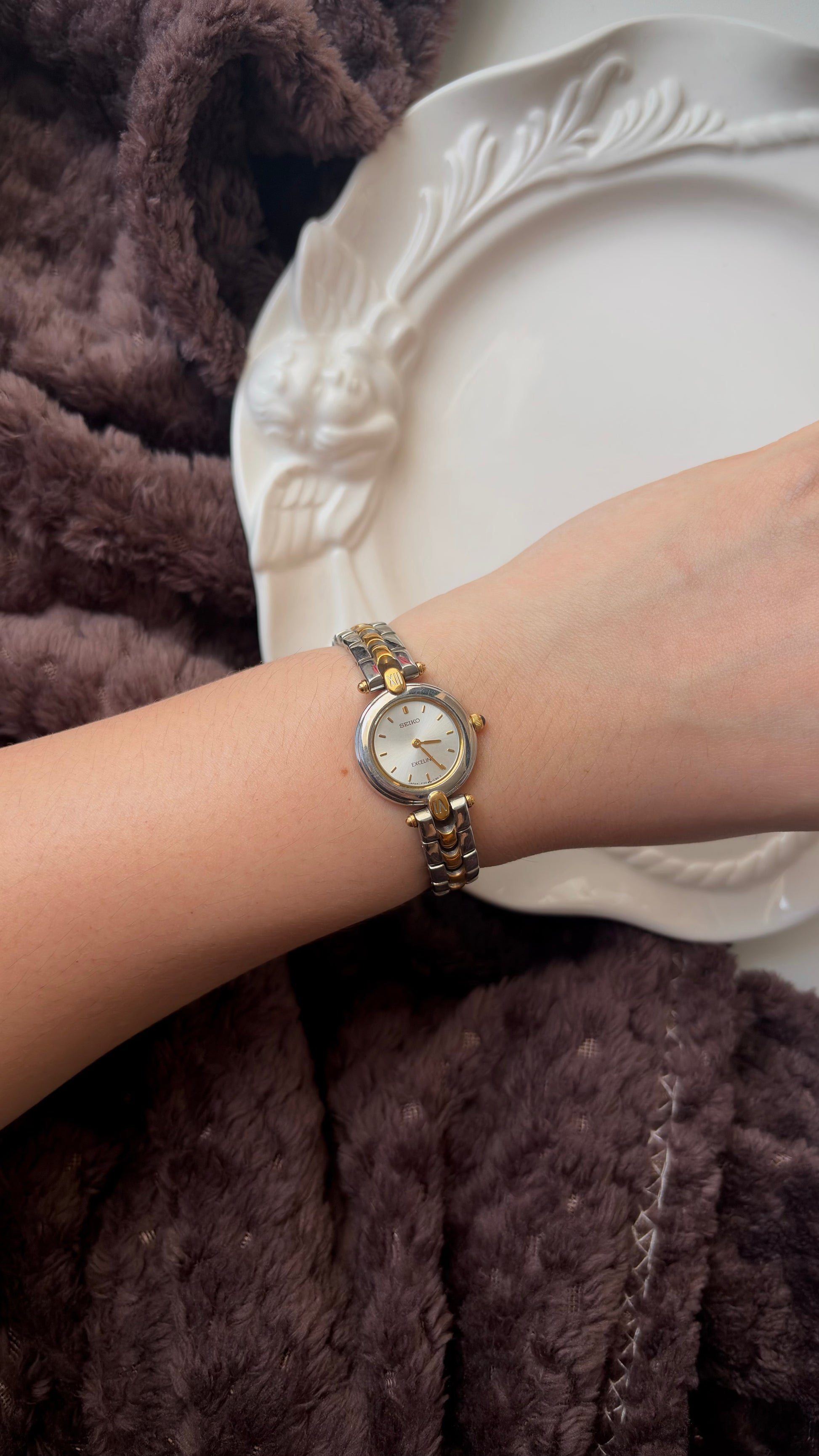 S. Exceline Silver Round Dial Two Tone Chain Watch