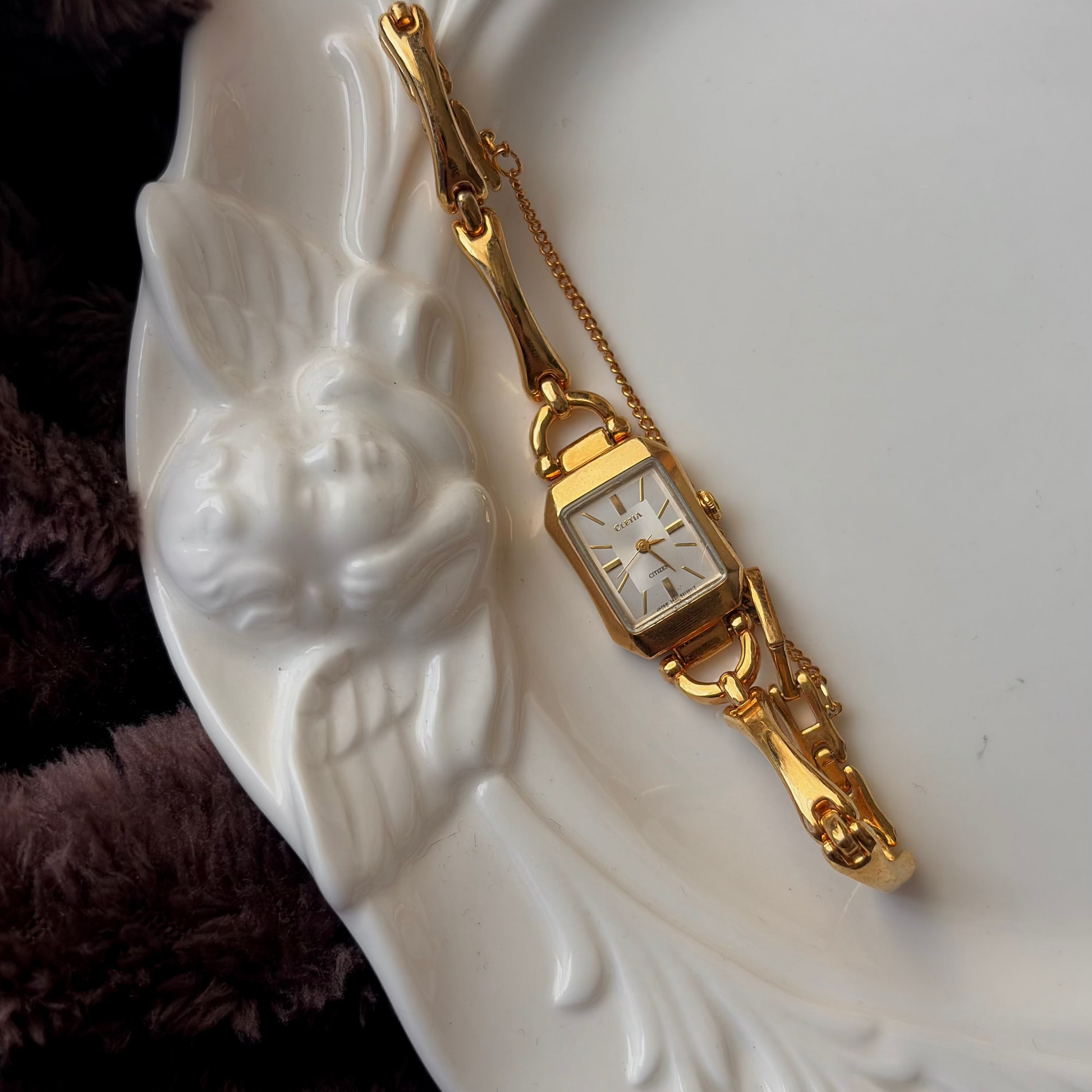 CTZ. Cletia Rect Silver Dial Gold Chain Watch