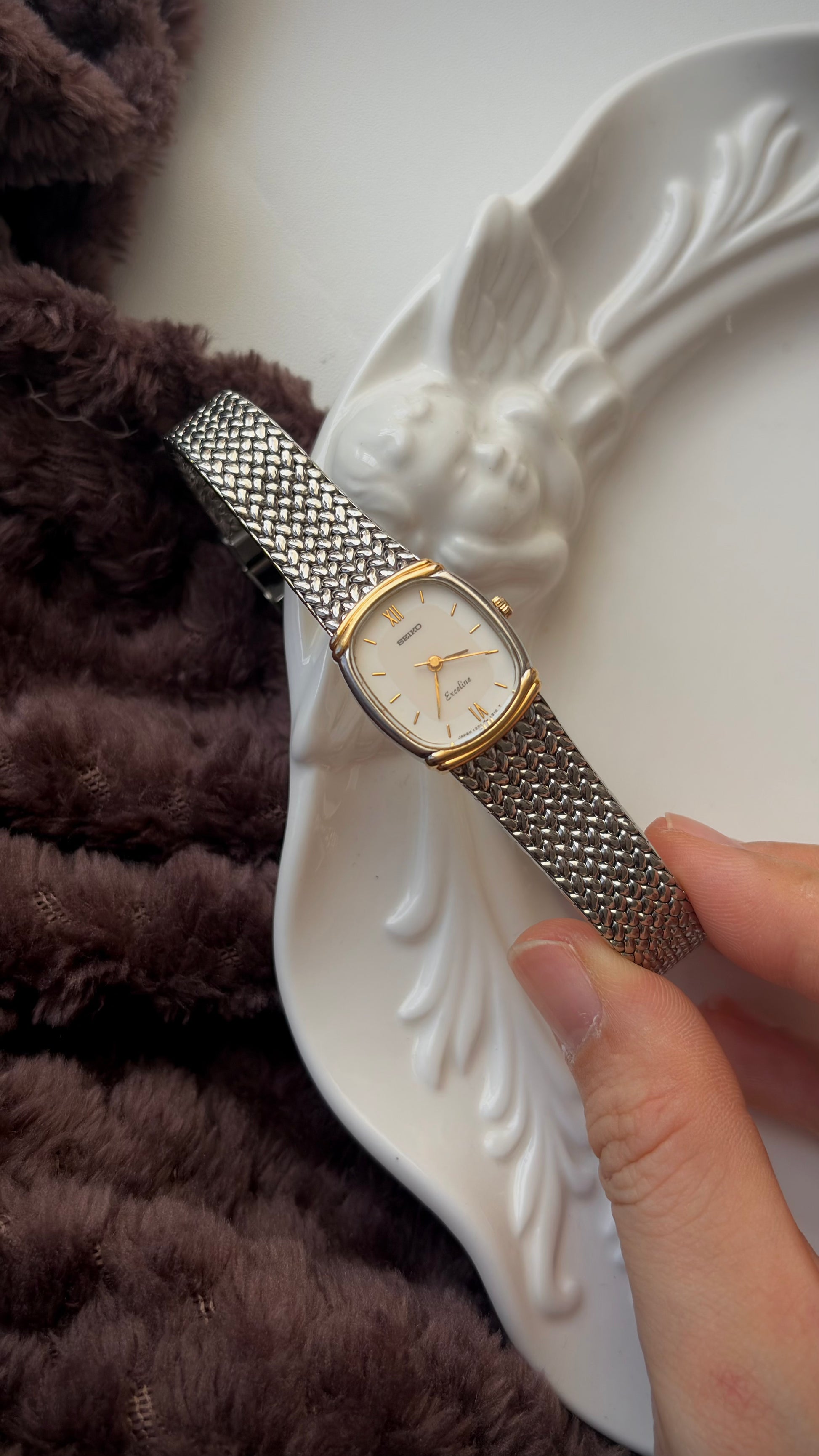 S. Exceline White & Beige Rect Dial Silver SS Braid Chain Watch