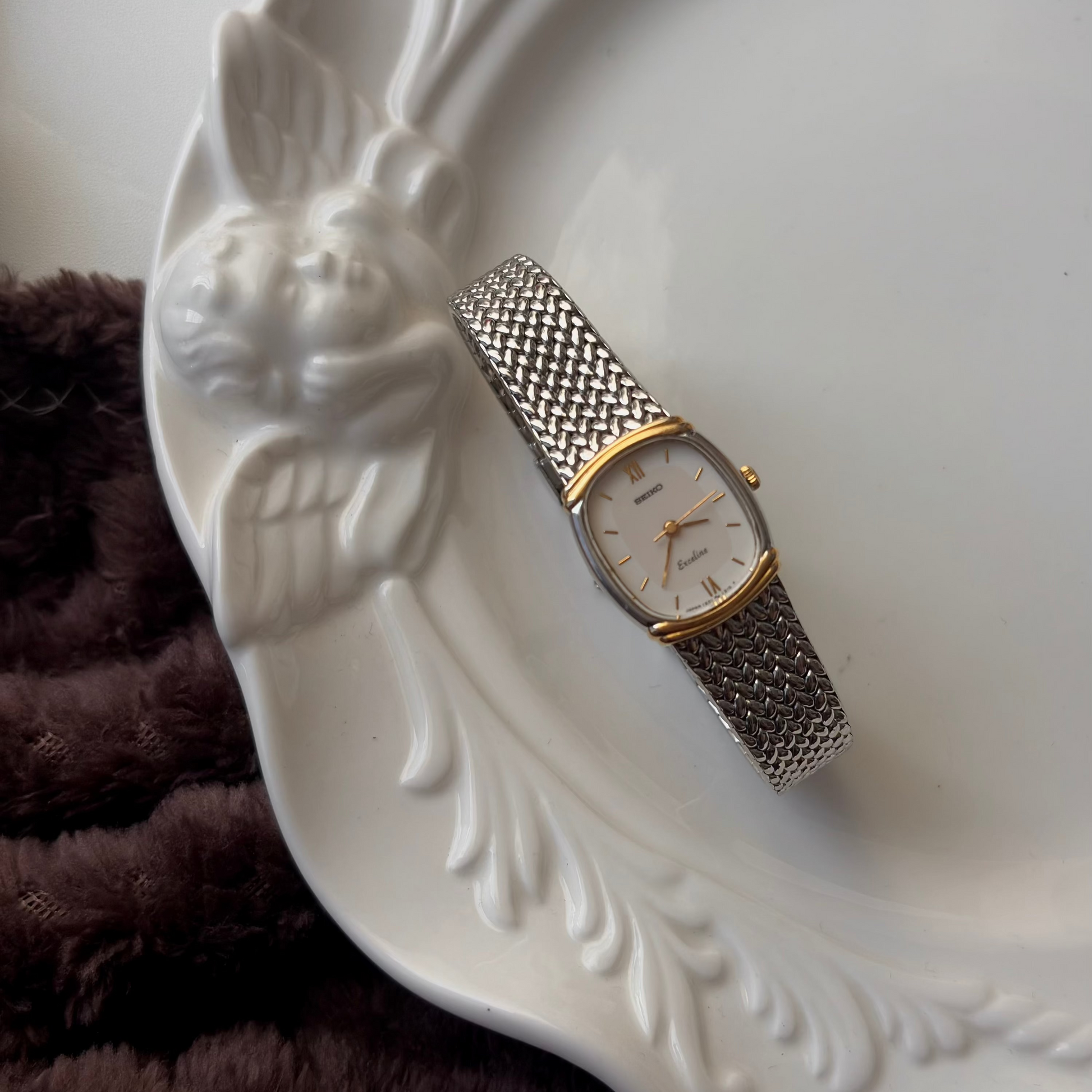 S. Exceline White & Beige Rect Dial Silver SS Braid Chain Watch