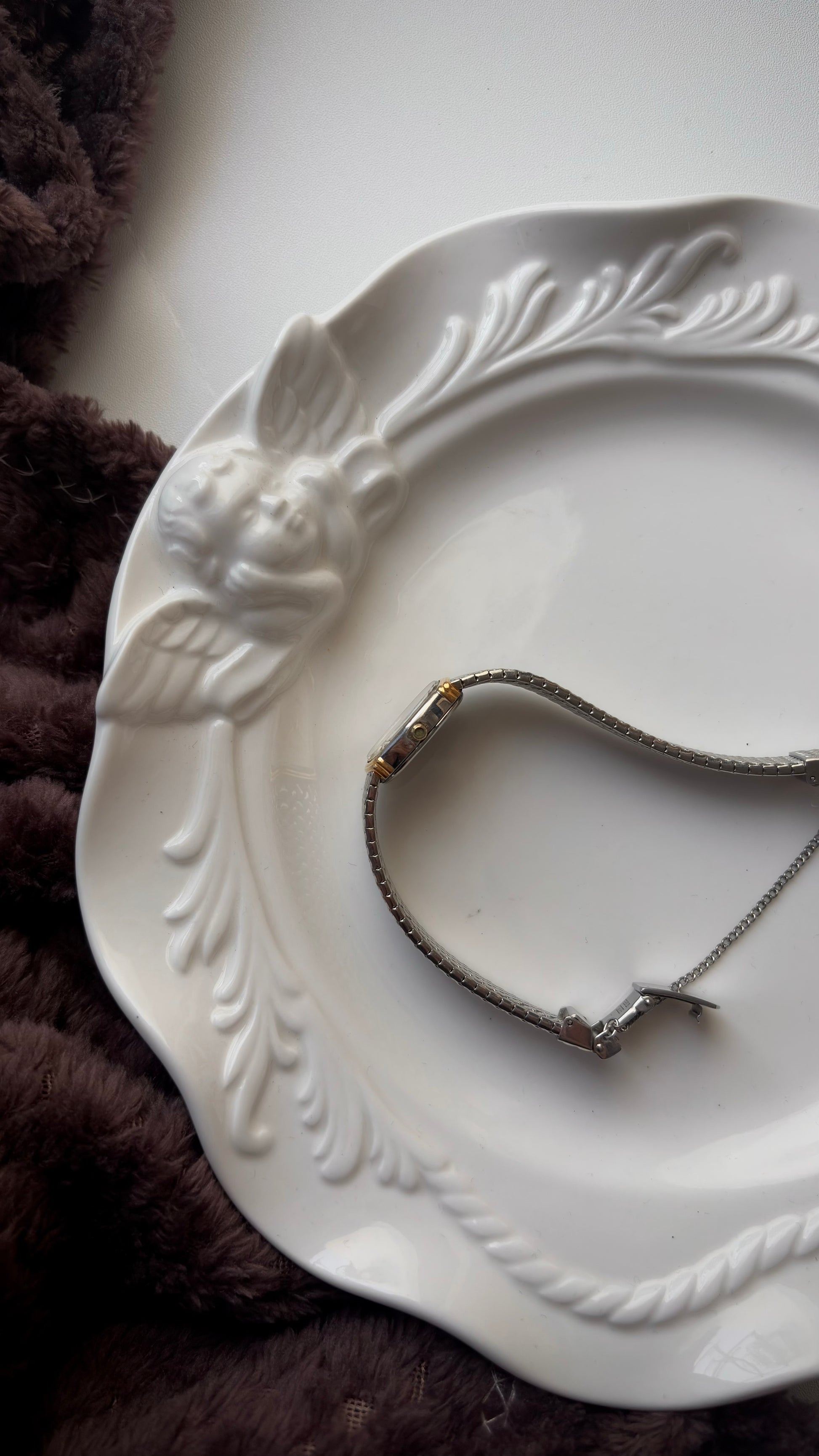 S. Exceline White & Beige Rect Dial Silver SS Braid Chain Watch