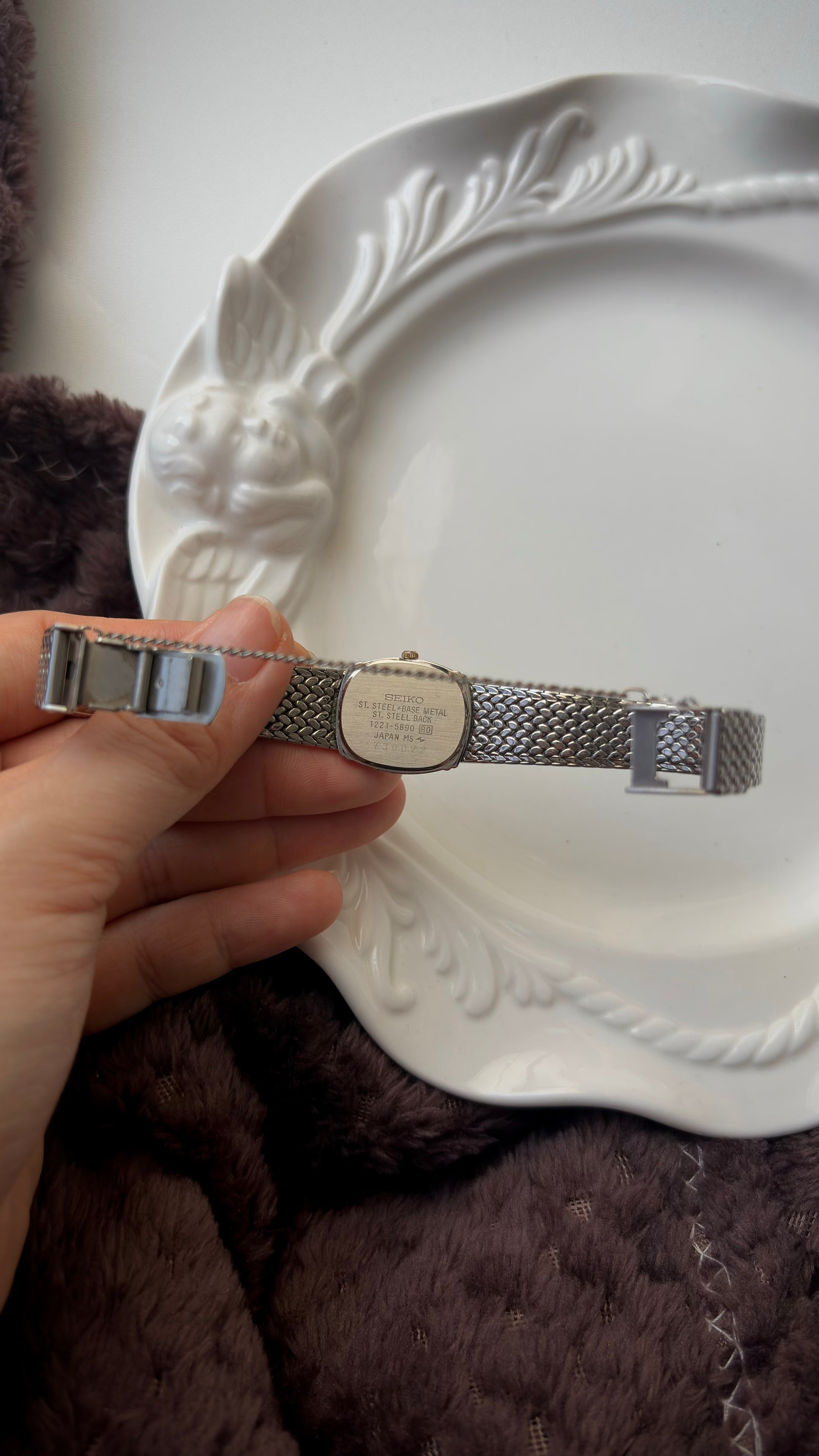 S. Exceline White & Beige Rect Dial Silver SS Braid Chain Watch