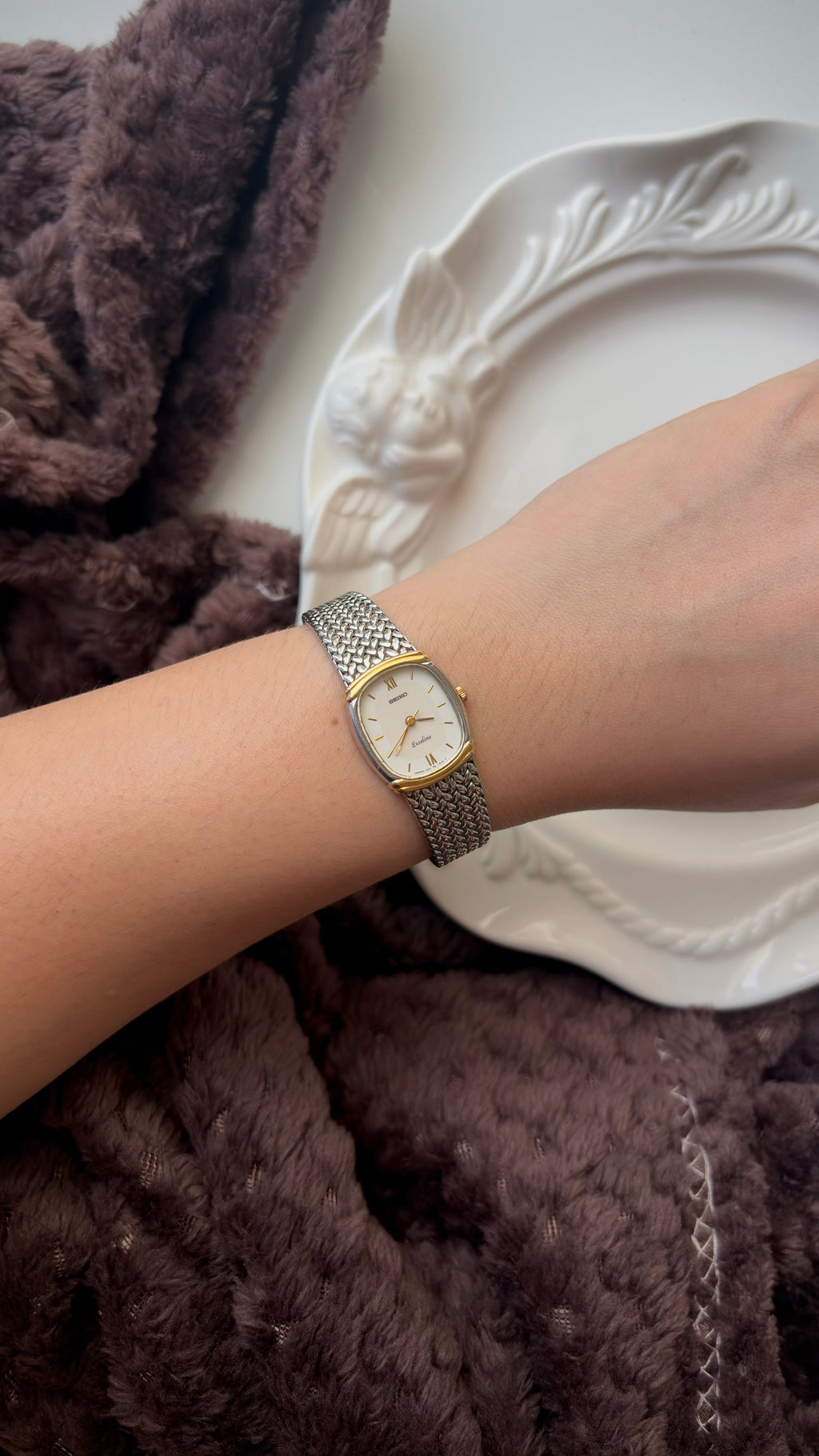 S. Exceline White & Beige Rect Dial Silver SS Braid Chain Watch