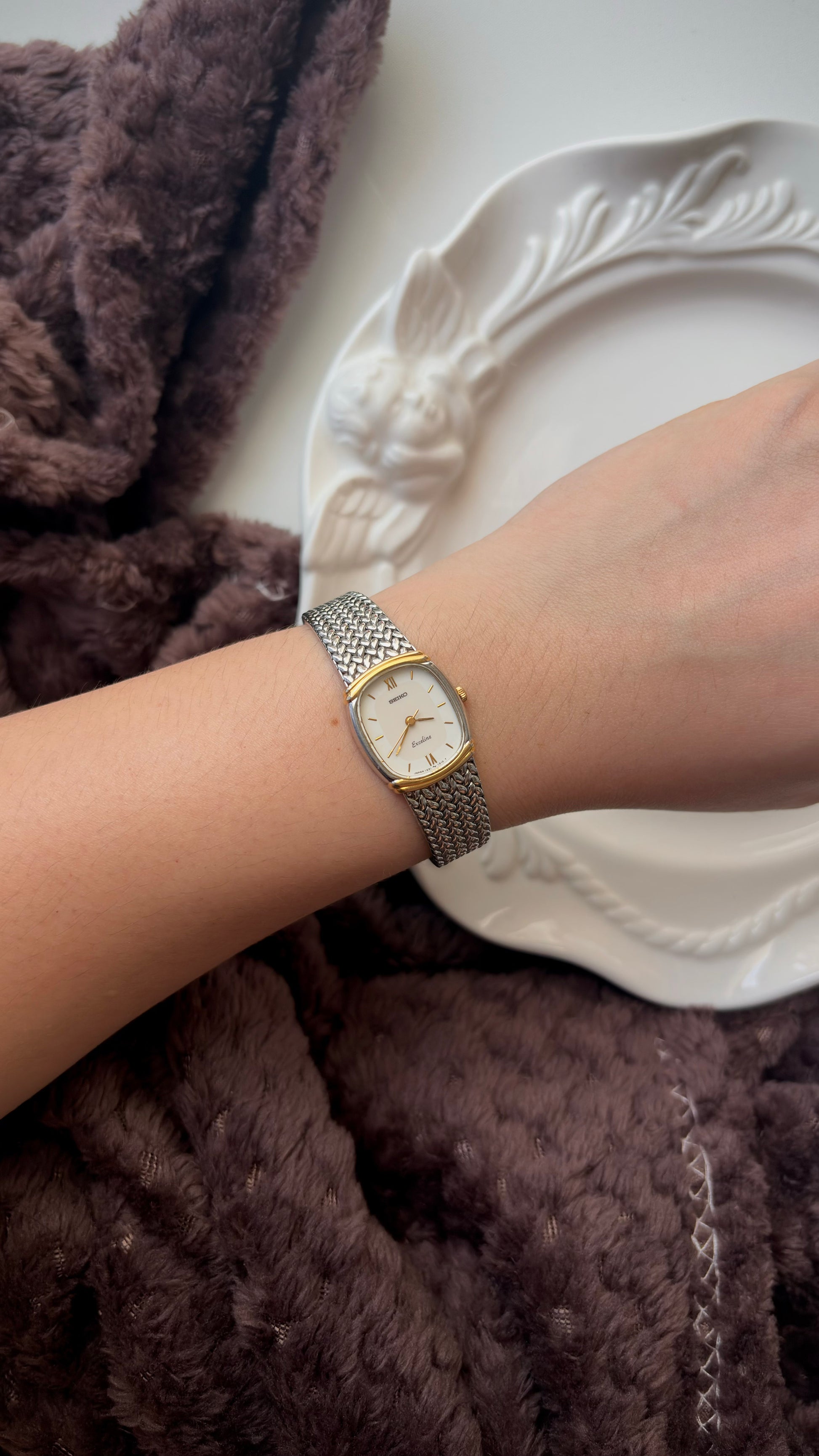 S. Exceline White & Beige Rect Dial Silver SS Braid Chain Watch