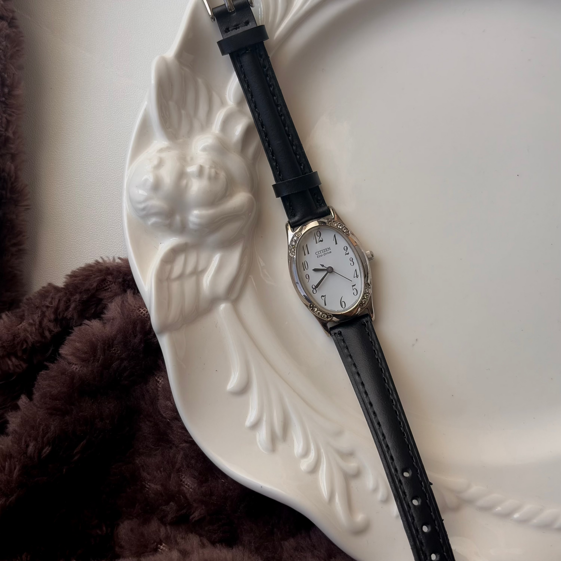 CTZ. Eco Drive White Oval Dial Black Strap Watch