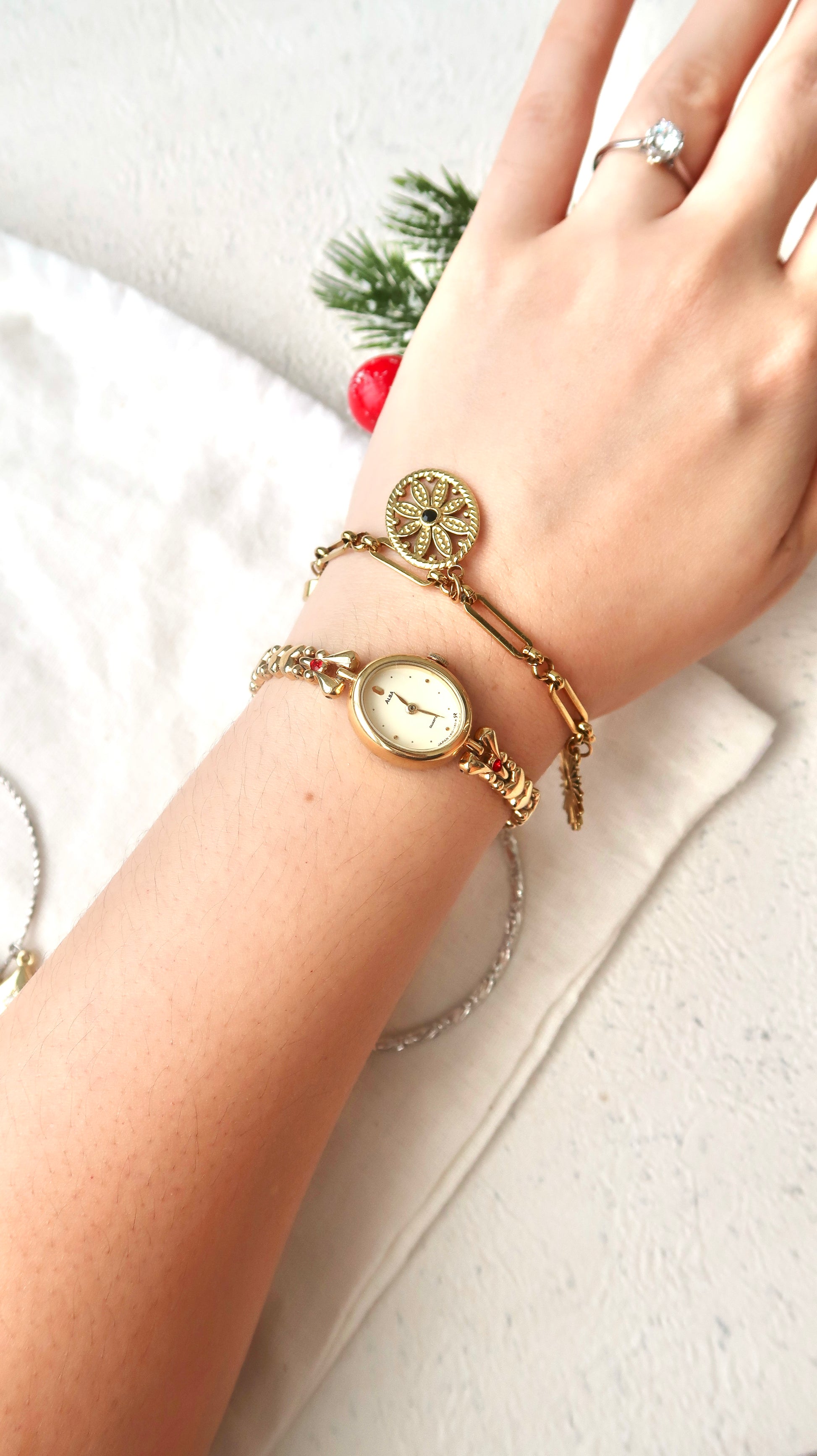 S. Alba Gold Dial Red Jewel Chain Watch