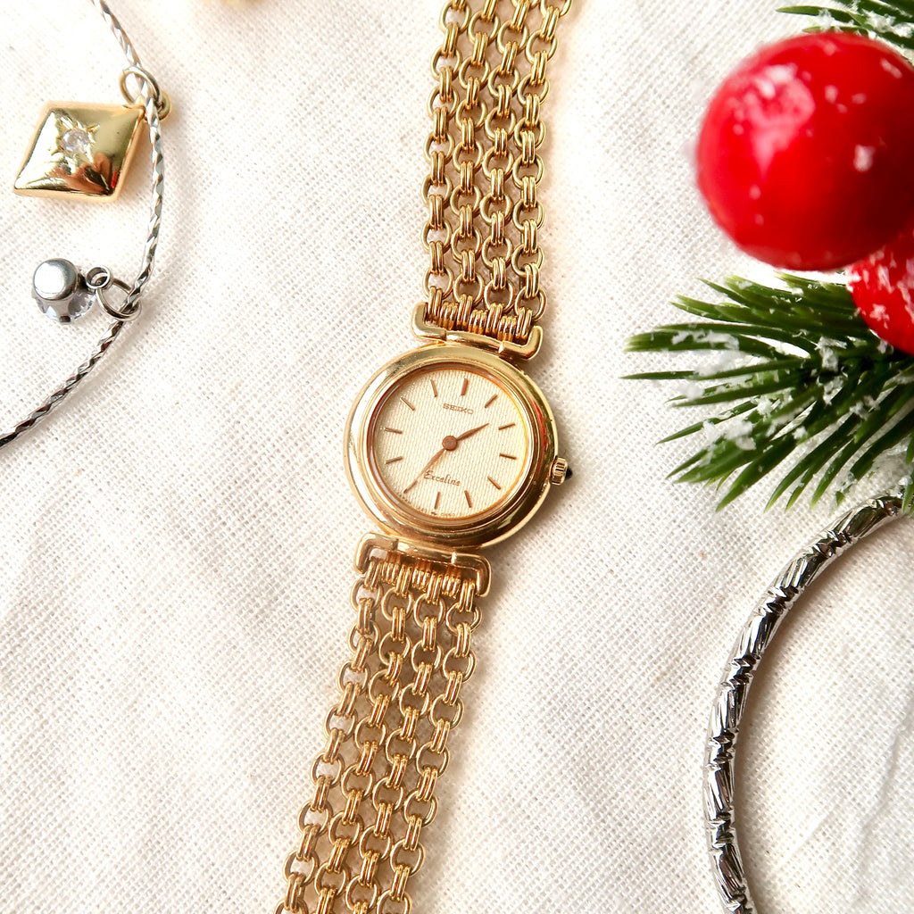 S. Exceline Round Gold Glitter Dial with Think Gold Chain Watch