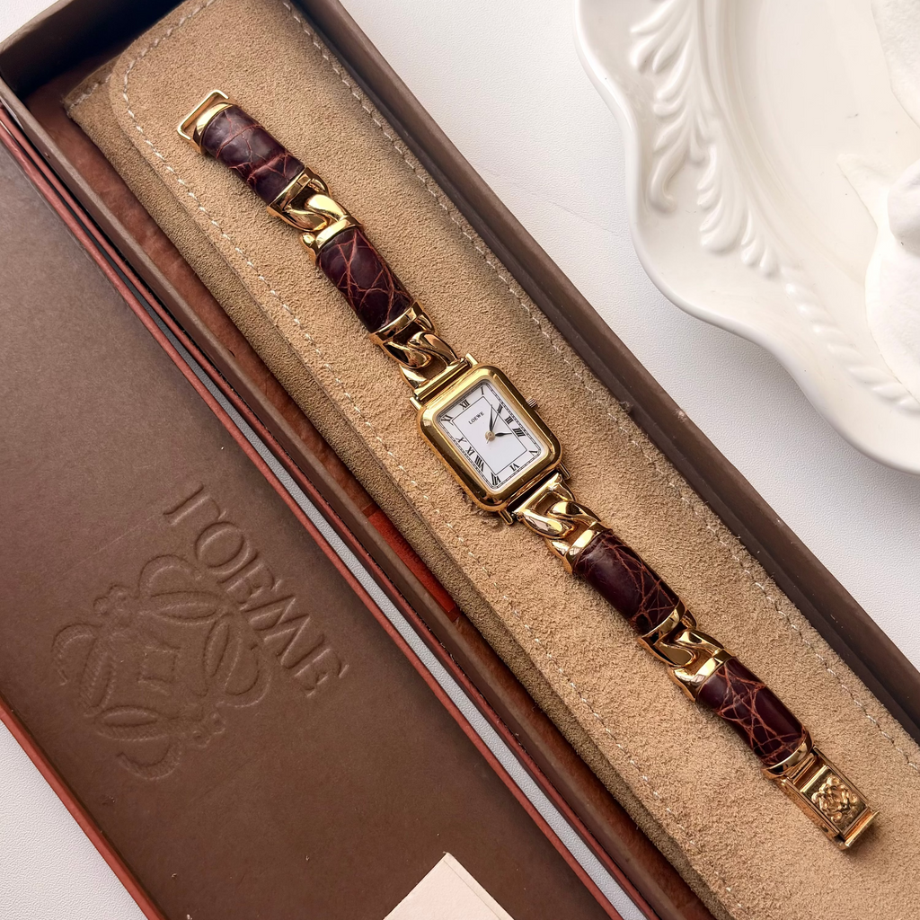 [WITH BOX] LW. White Rect Roman Dial with Brown Leather & Gold Chain Watch