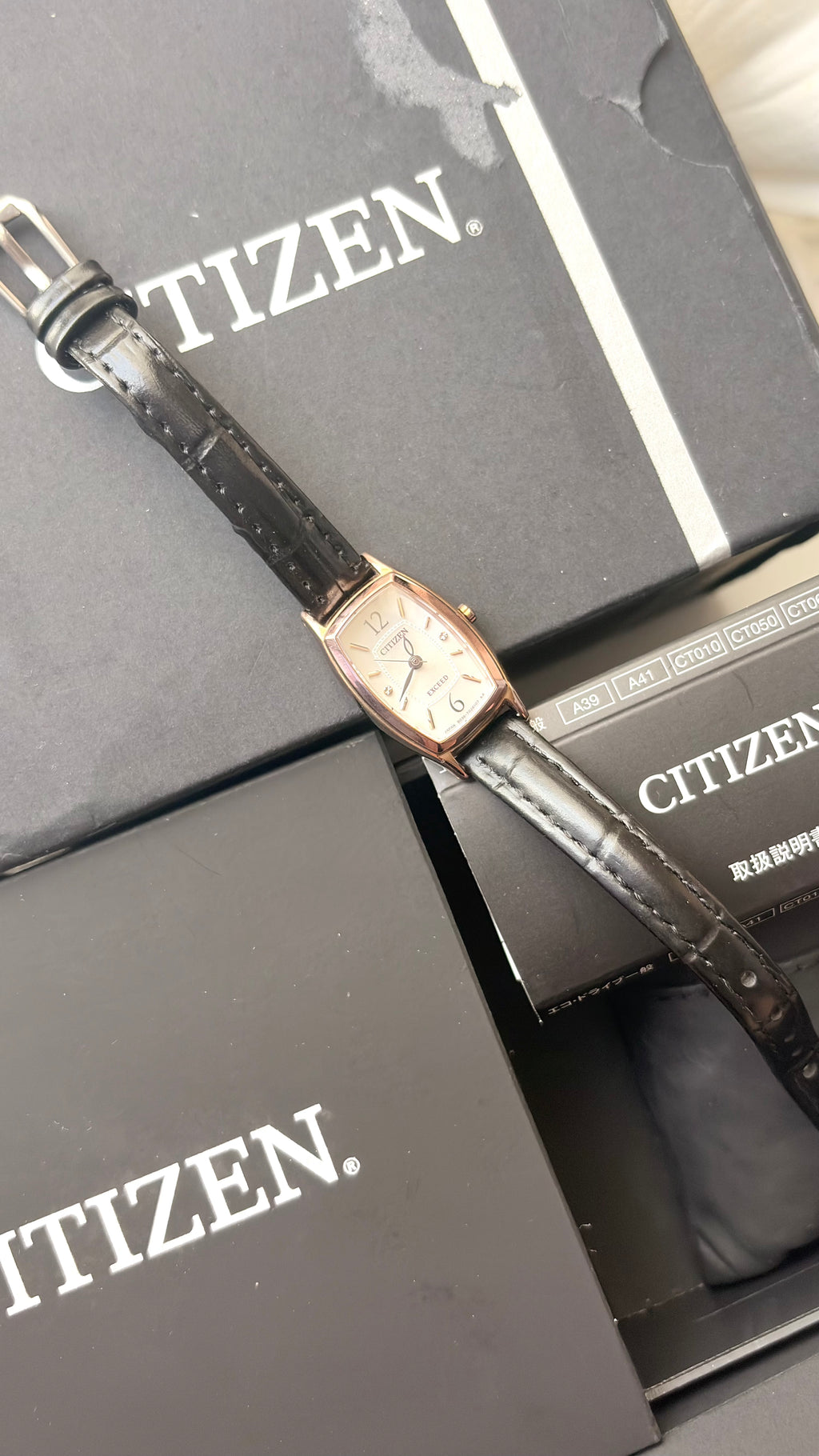 [WITH BOX] CTZ Exceed EcoDrive Rose Gold Oblong Dial Black Strap Watch