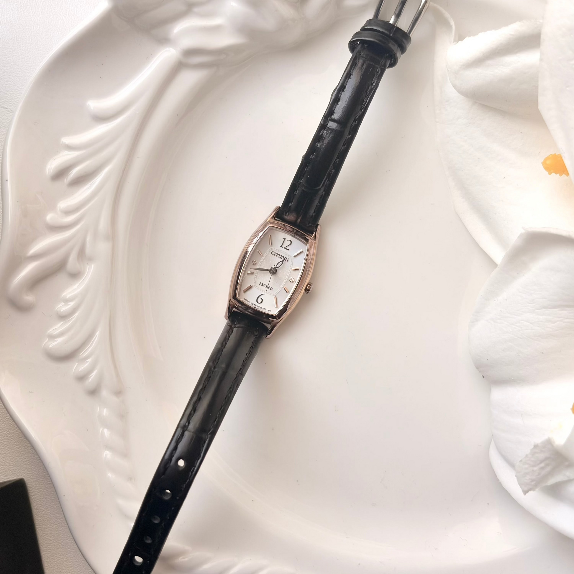 [WITH BOX] CTZ Exceed EcoDrive Rose Gold Oblong Dial Black Strap Watch