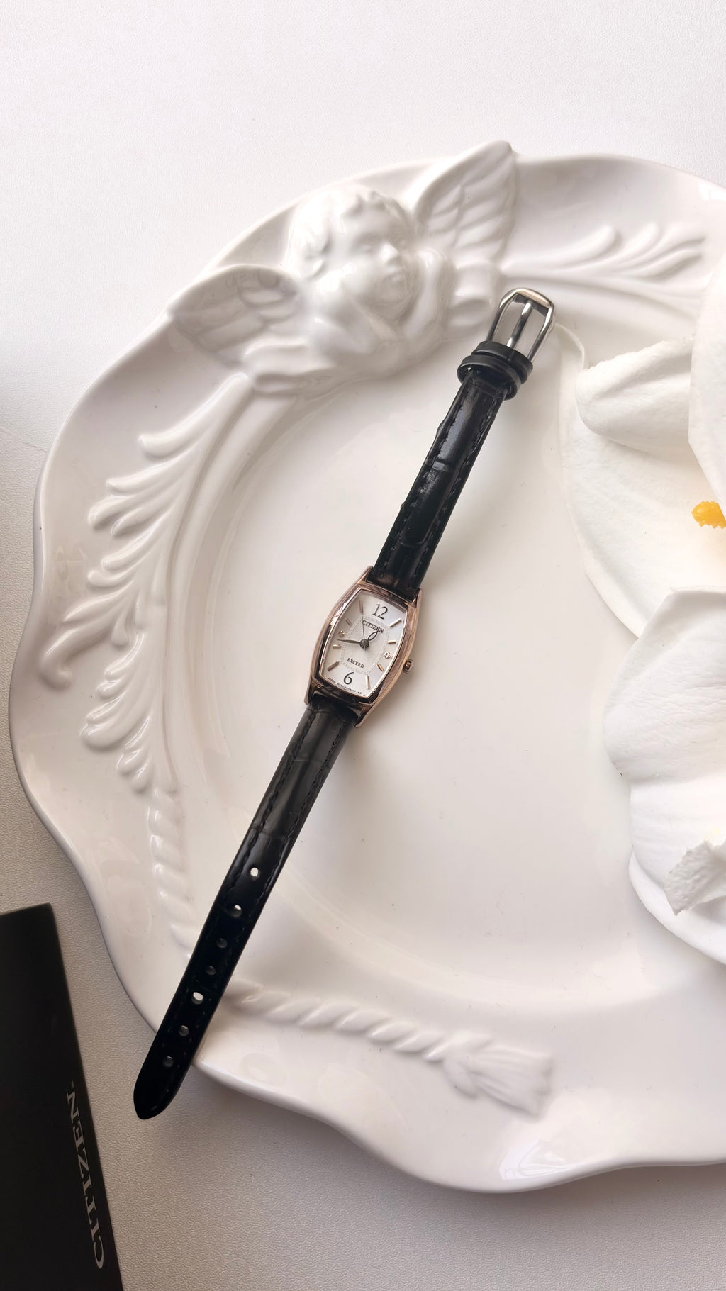 [WITH BOX] CTZ Exceed EcoDrive Rose Gold Oblong Dial Black Strap Watch