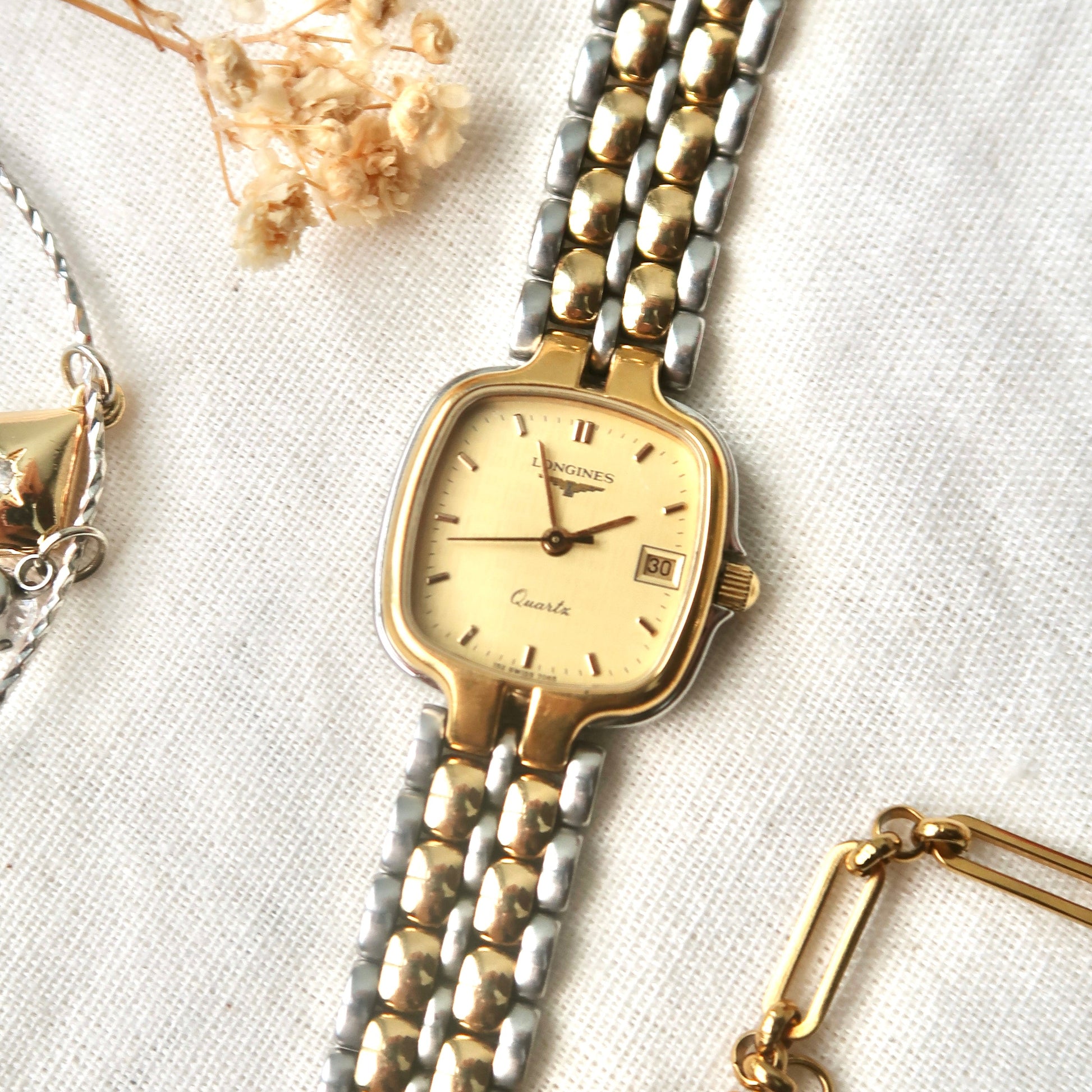 L. Gold Square Dial Date with Two Tone Chain Watch