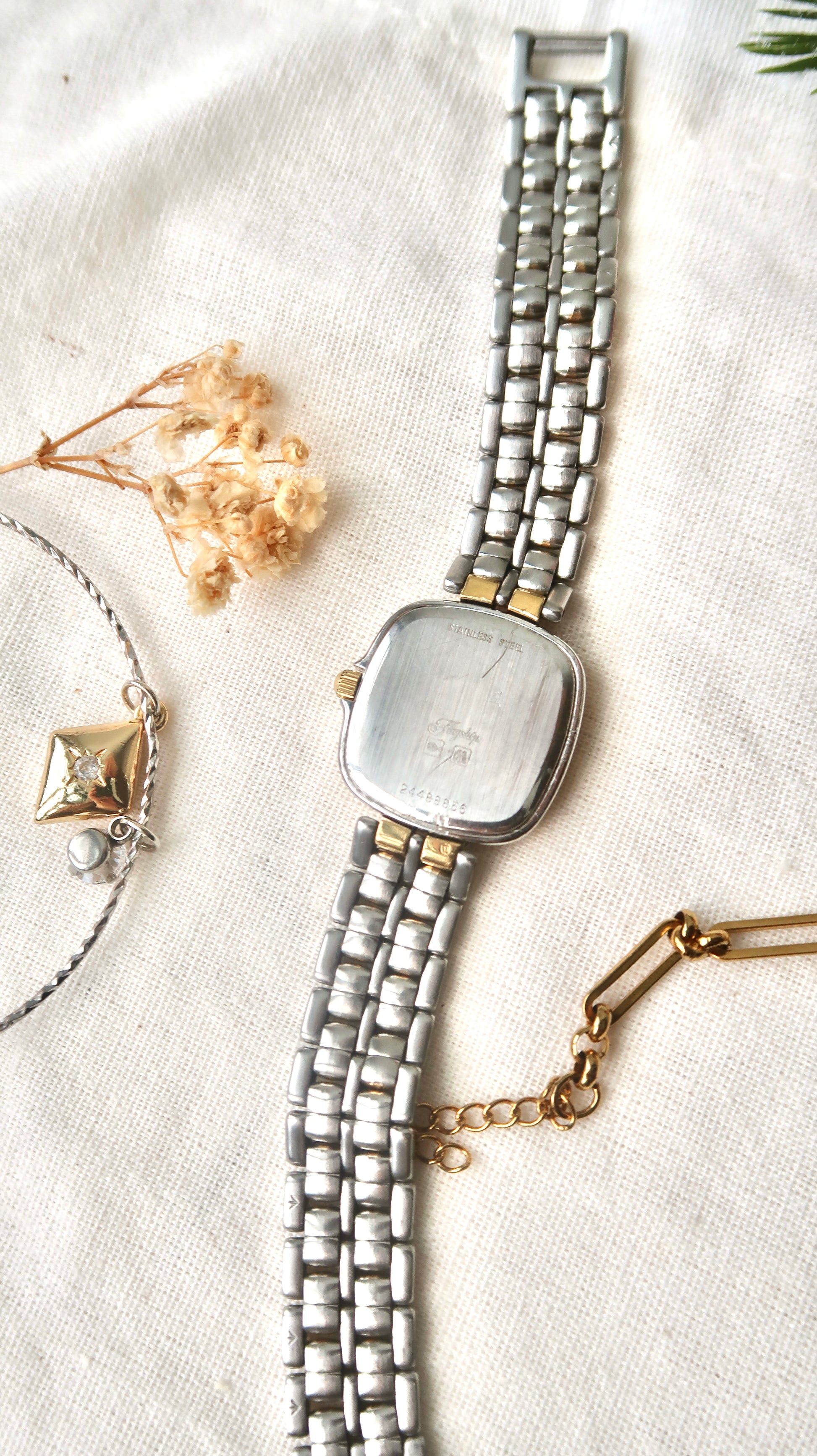 L. Gold Square Dial Date with Two Tone Chain Watch