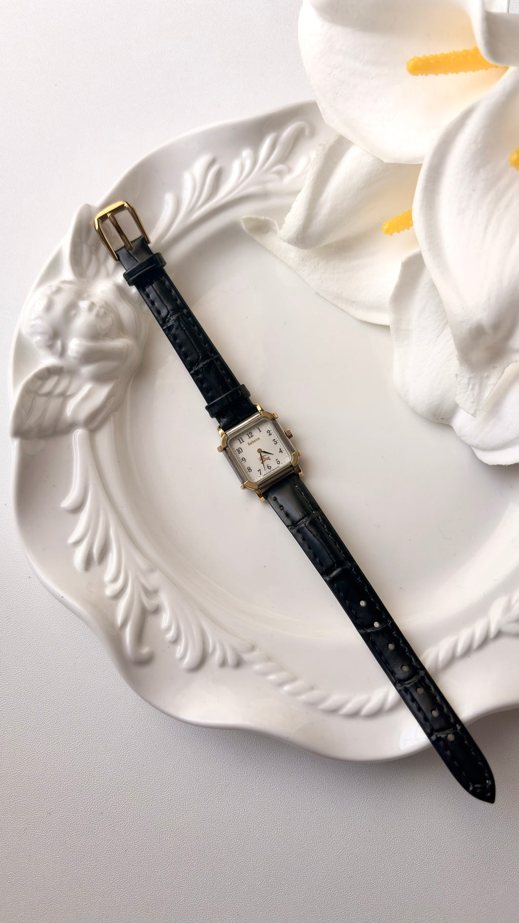 BRBY. White Rect Square Black Strap Watch