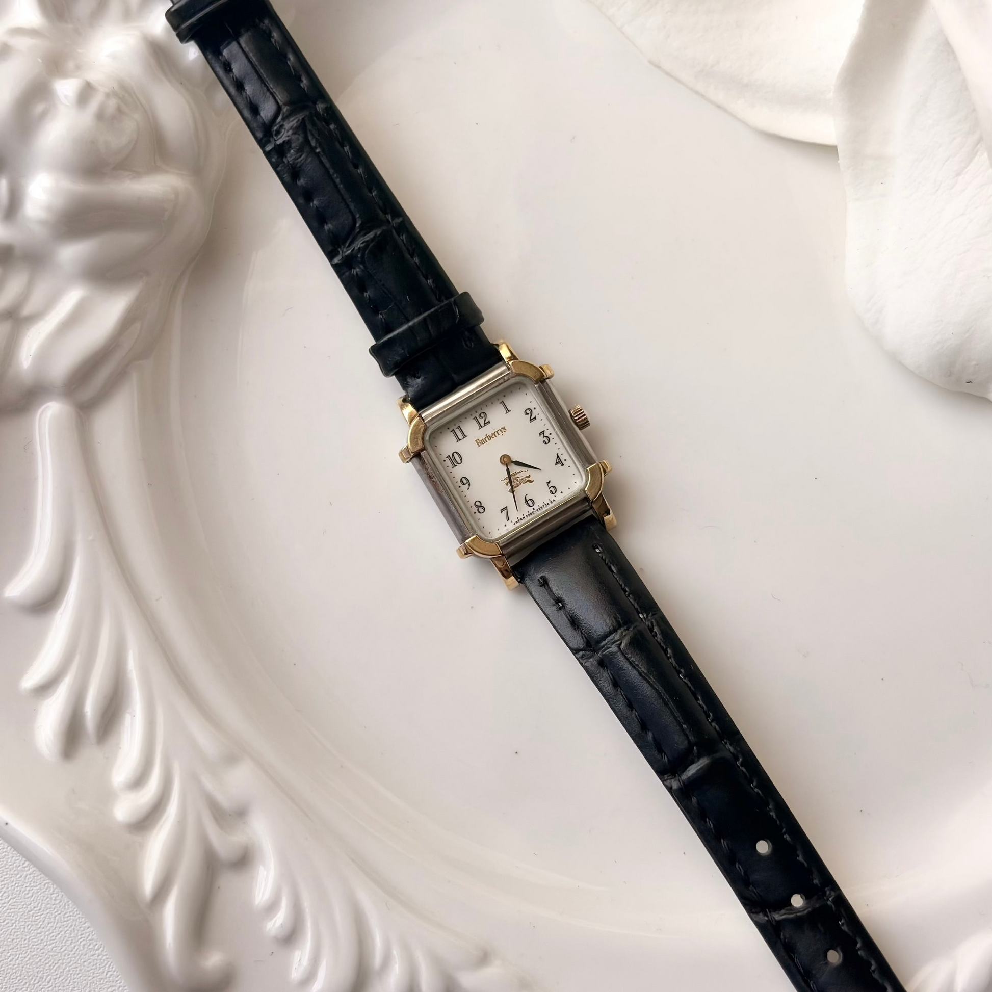 BRBY. White Rect Square Black Strap Watch