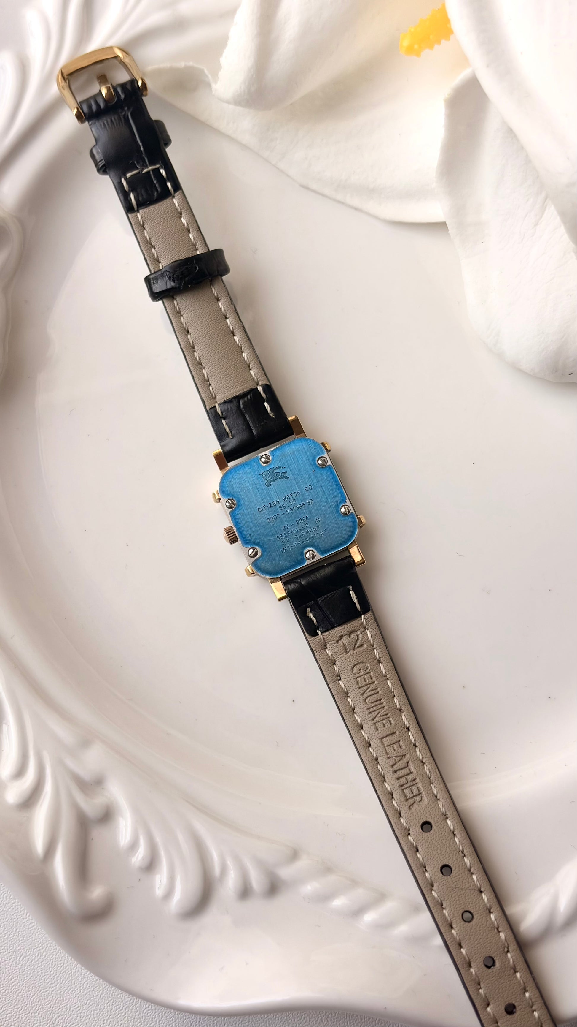 BRBY. White Rect Square Black Strap Watch