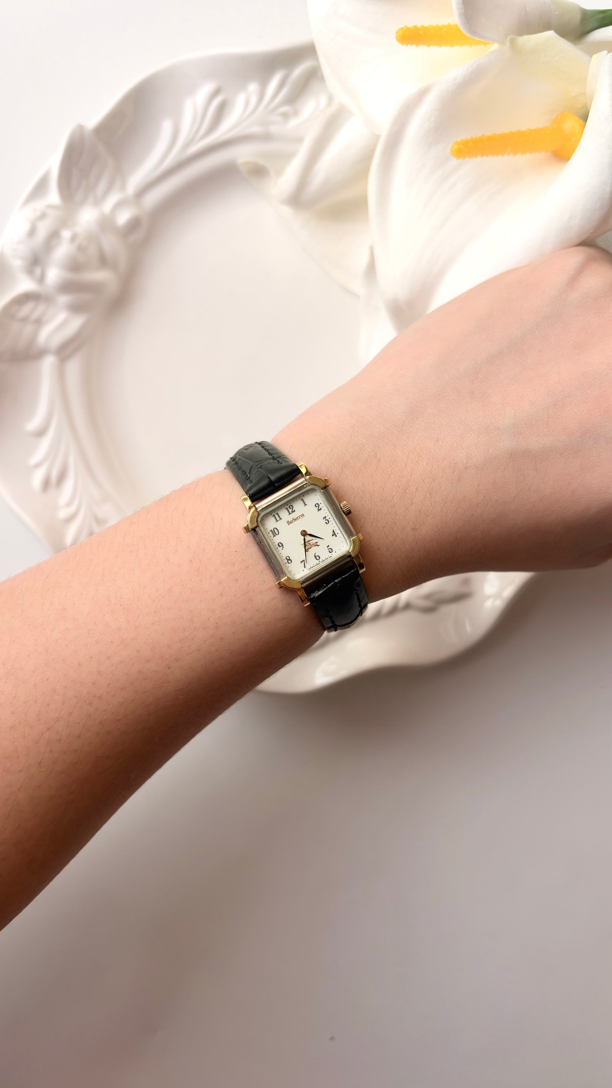 BRBY. White Rect Square Black Strap Watch