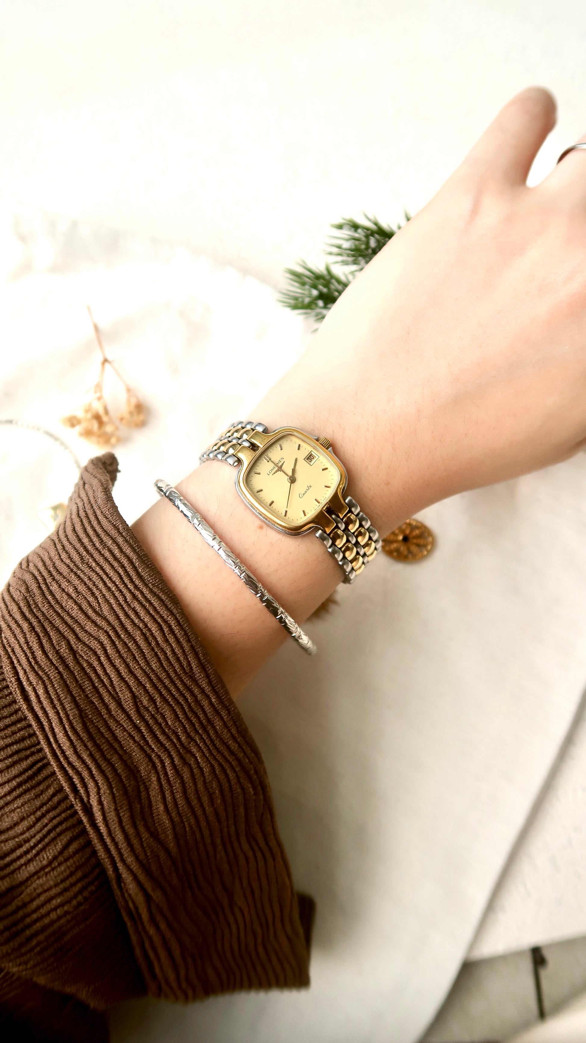 L. Gold Square Dial Date with Two Tone Chain Watch