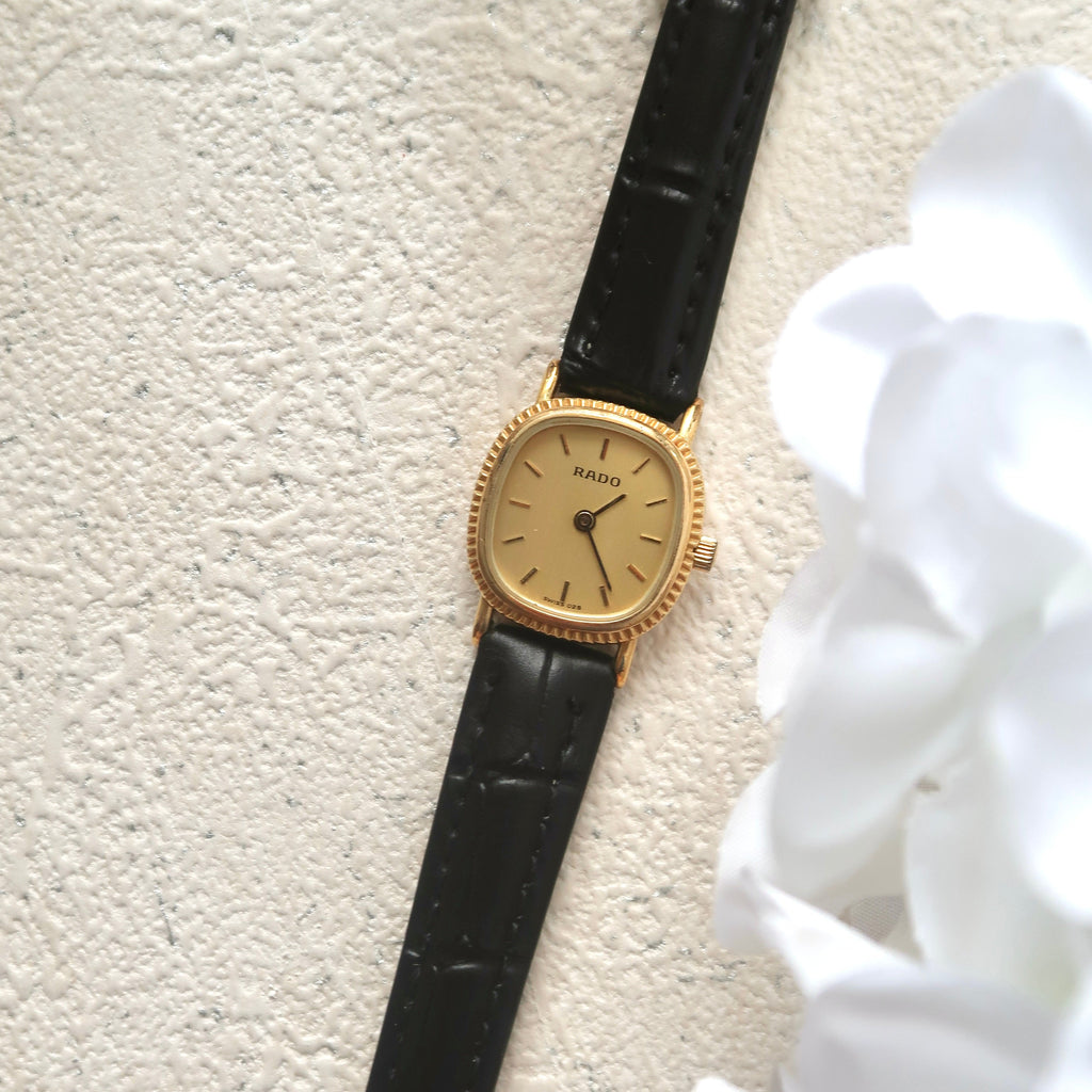 RD. Square Gold Dial with Black Leather Strap Watch