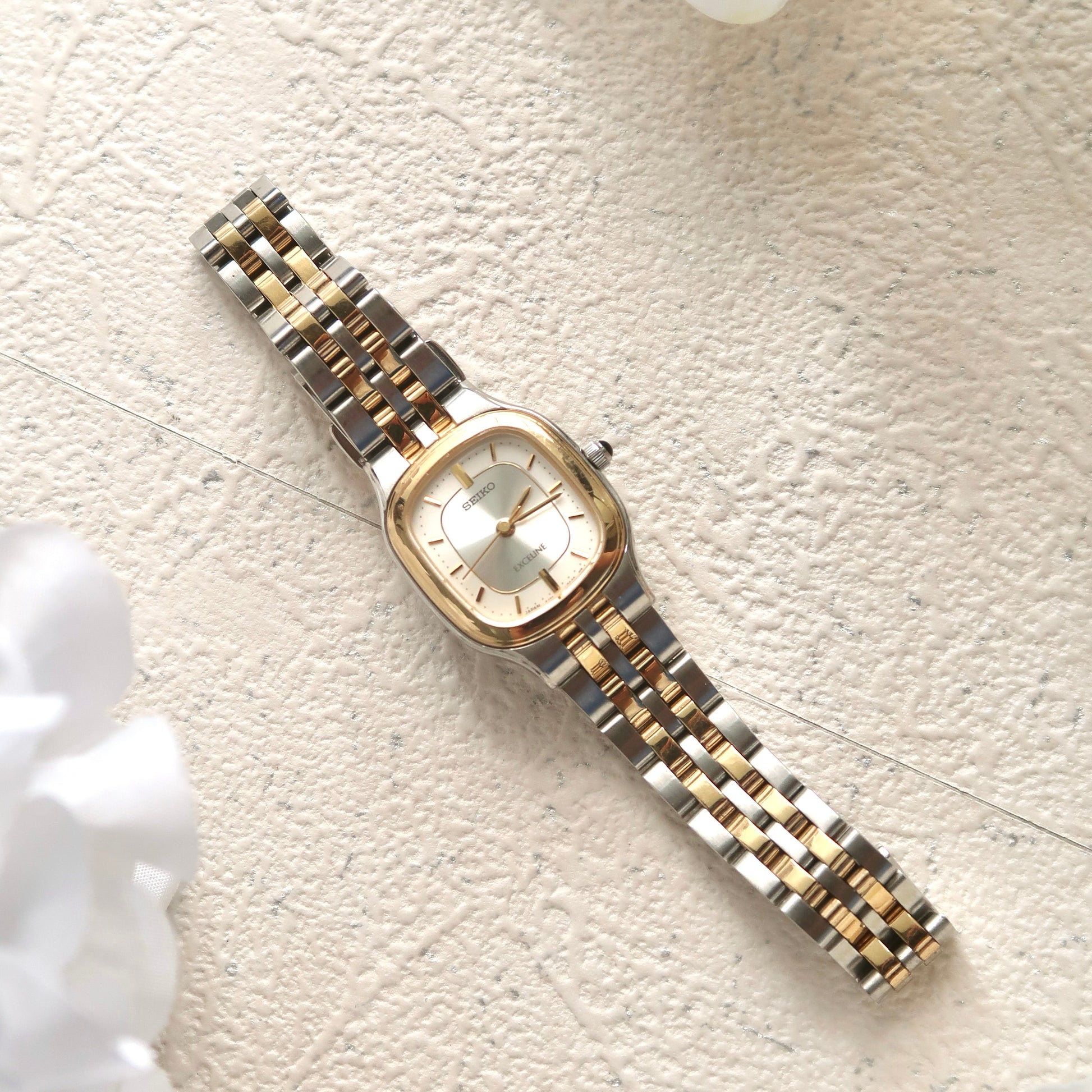 S. Exceline Rect Silver Ivory Dial with Two Tone Chain Watch