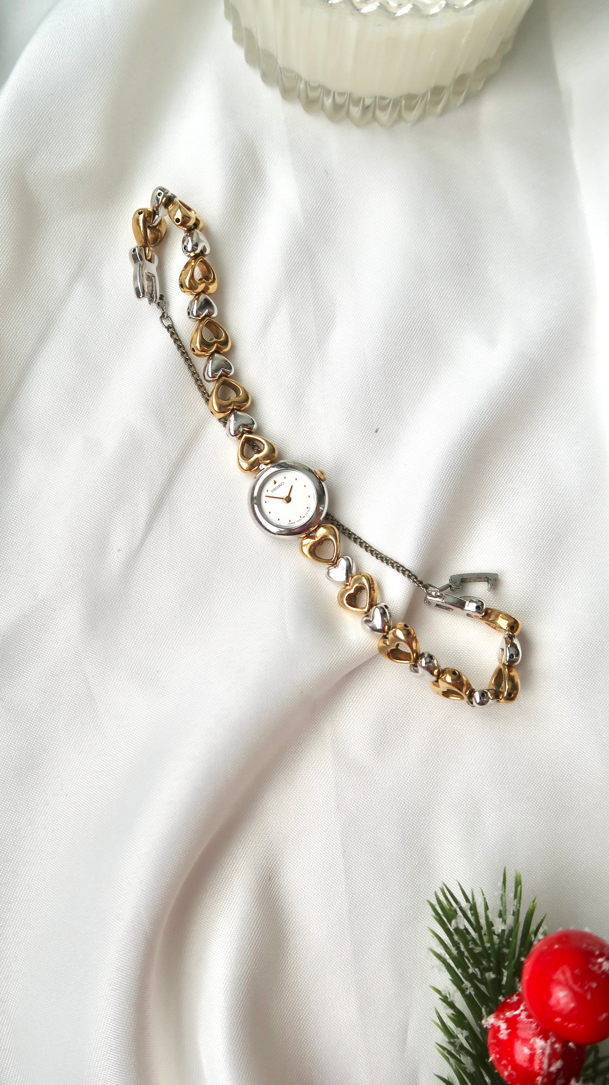 S. White Round Dial with Love Two Tone Chain Watch