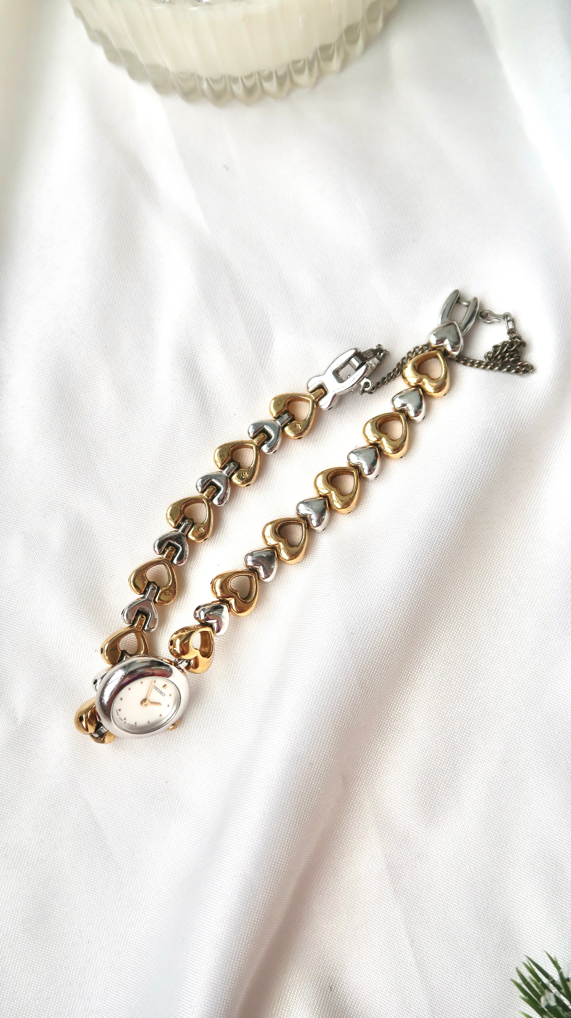 S. White Round Dial with Love Two Tone Chain Watch