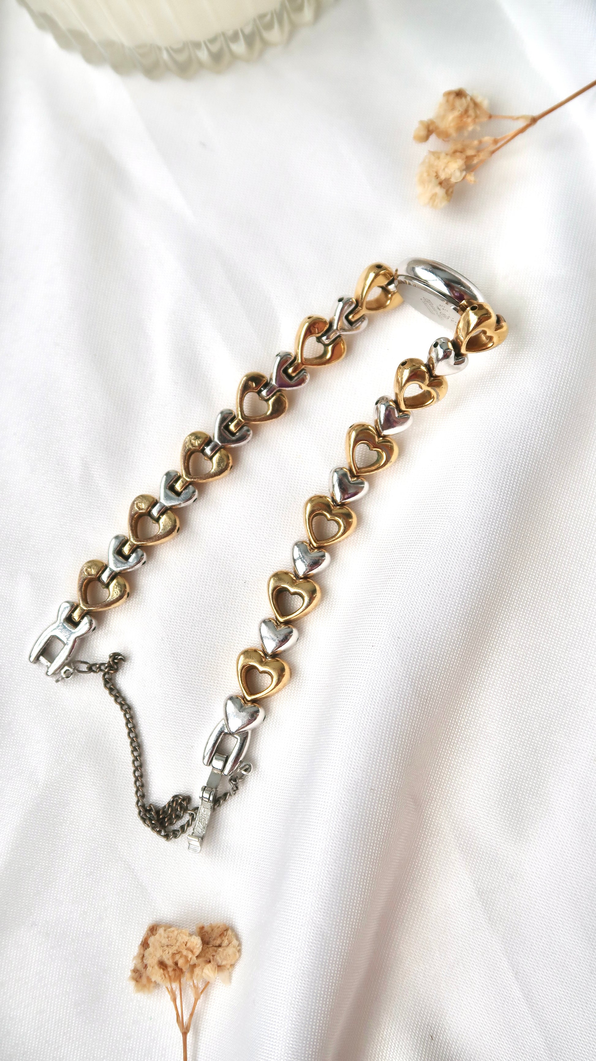 S. White Round Dial with Love Two Tone Chain Watch