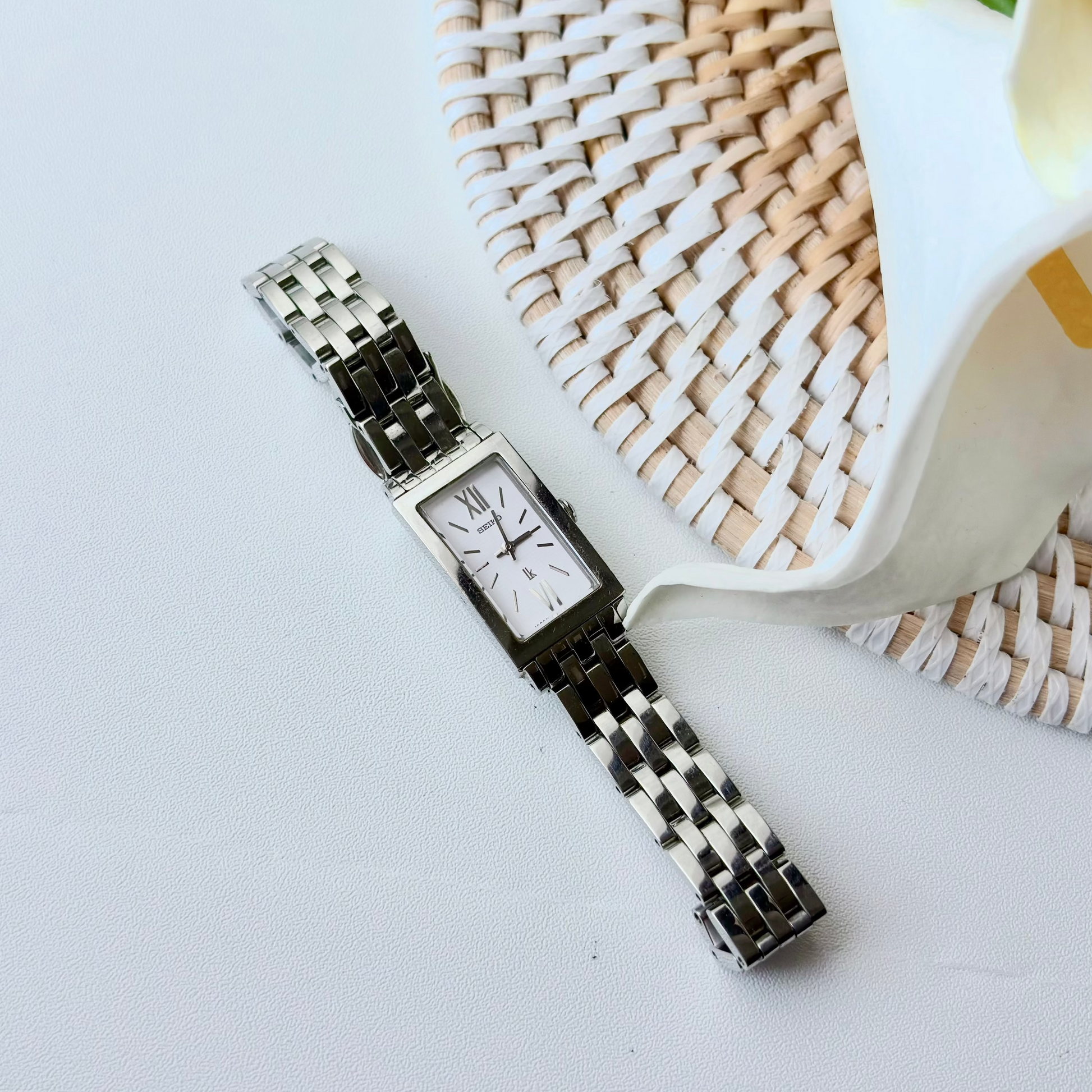 S. Lukia White Rect Dial Silver SS Chain Watch