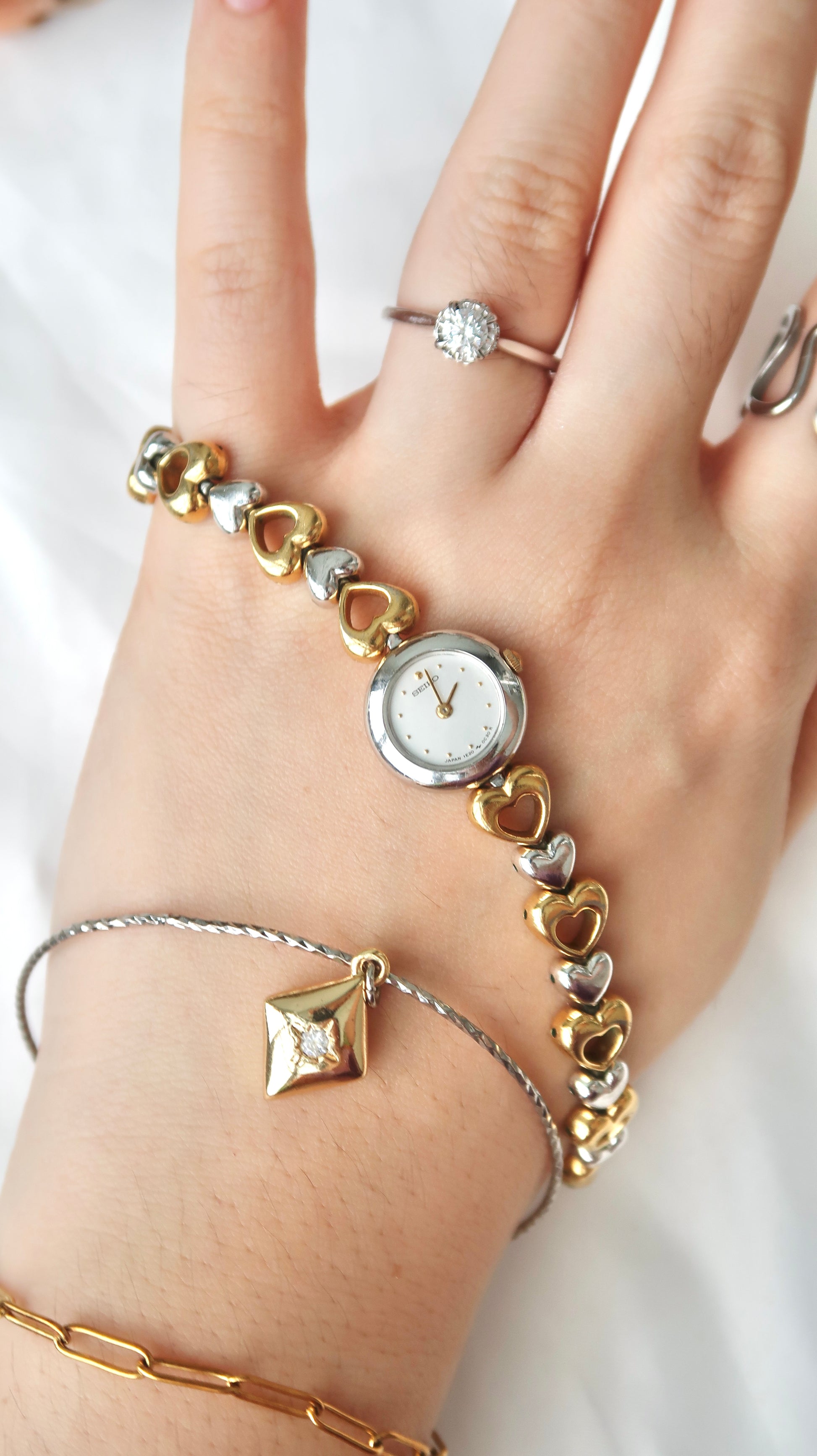 S. White Round Dial with Love Two Tone Chain Watch