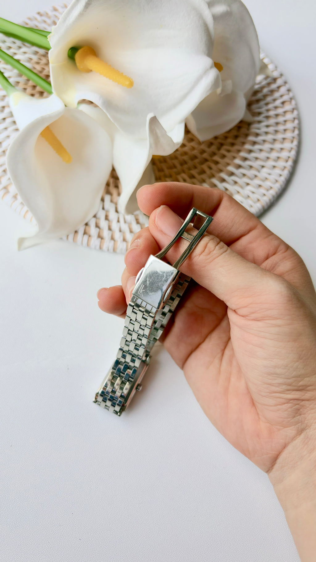 S. Lukia White Rect Dial Silver SS Chain Watch