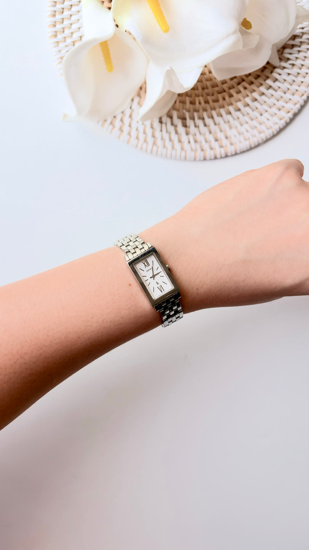 S. Lukia White Rect Dial Silver SS Chain Watch