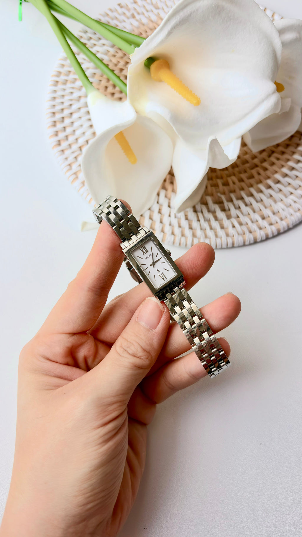 S. Lukia White Rect Dial Silver SS Chain Watch
