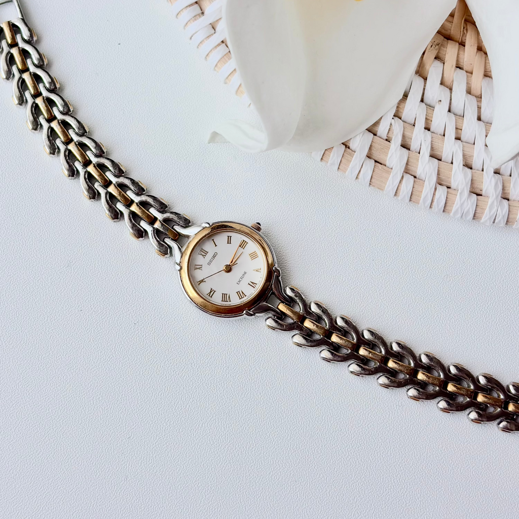 S. Exceline White Round Roman Dial Two Tone Chain Watch
