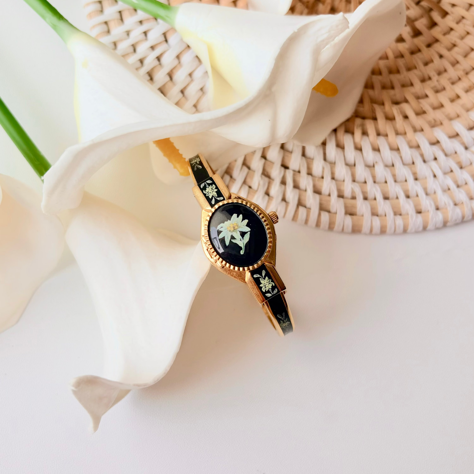AM. White Green Flower Black Dial Gold Bangle Watch