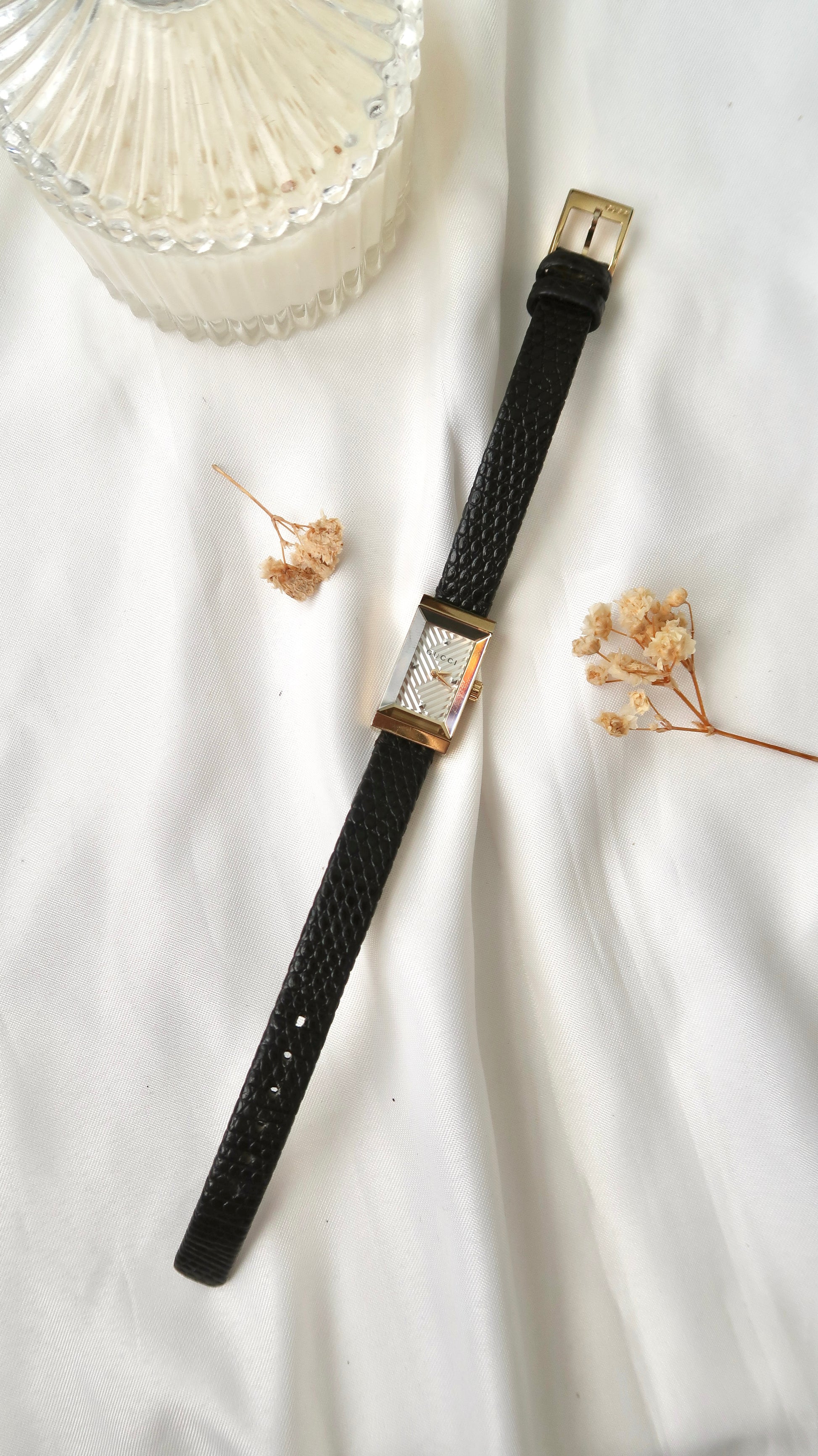 Gc. Rect Patterned Dial with Black Leather Strap Watch