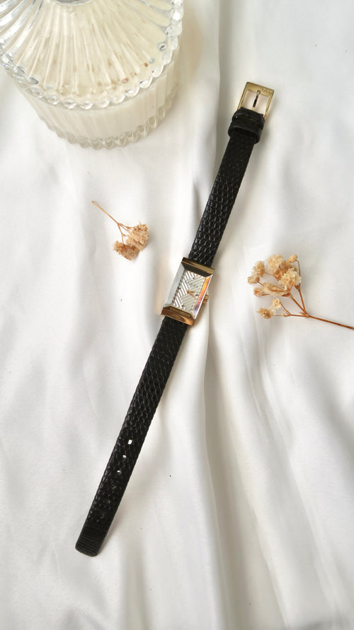 Gc. Rect Patterned Dial with Black Leather Strap Watch