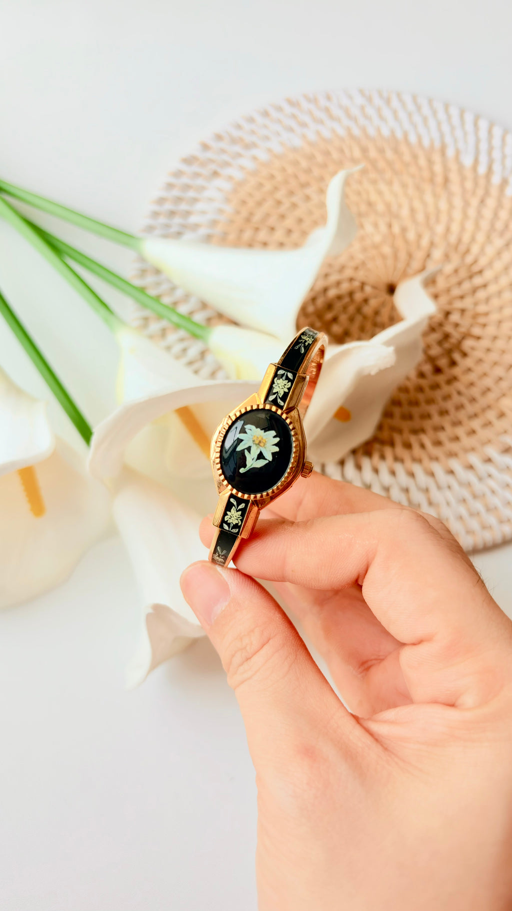 AM. White Green Flower Black Dial Gold Bangle Watch