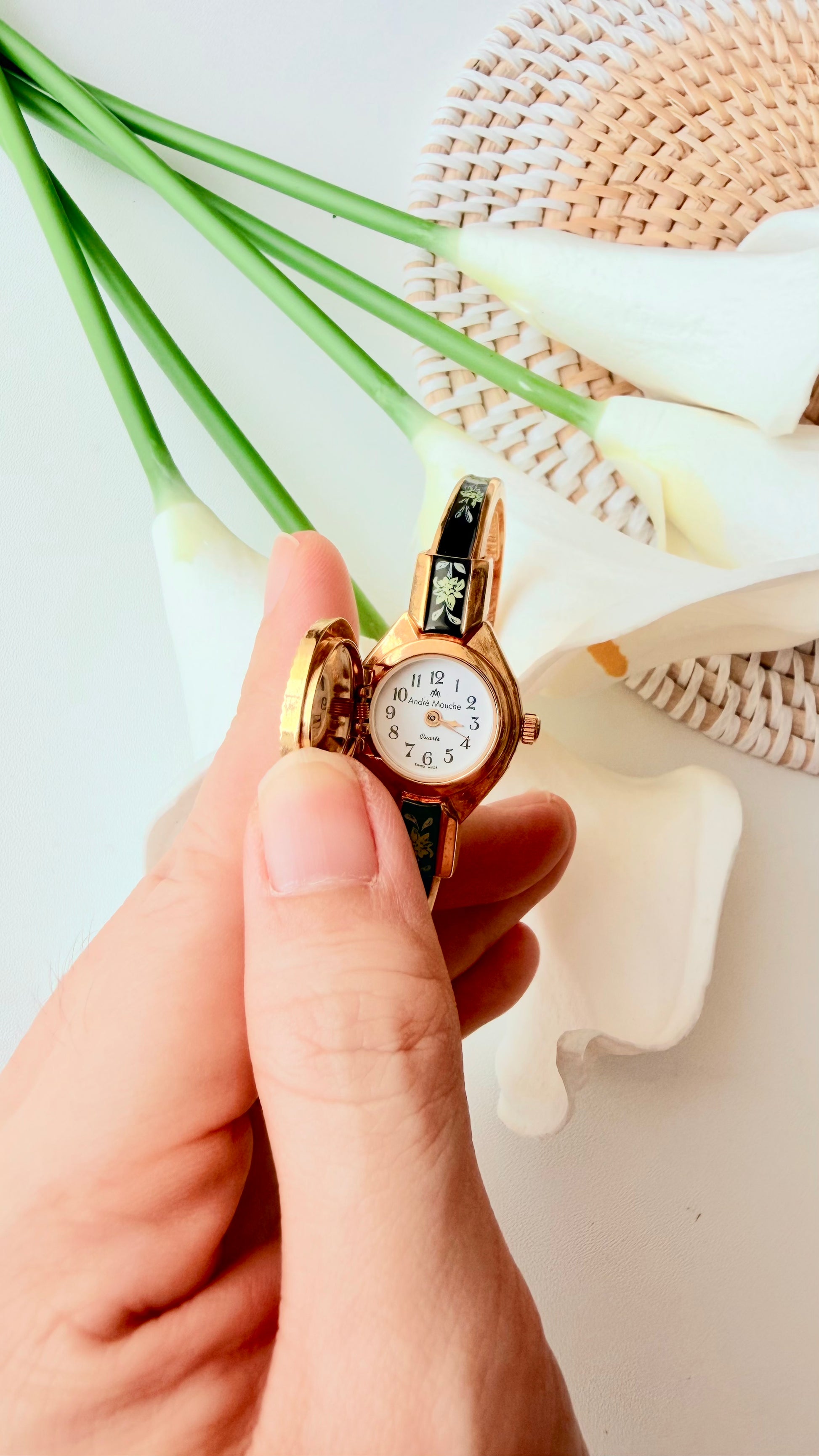 AM. White Green Flower Black Dial Gold Bangle Watch