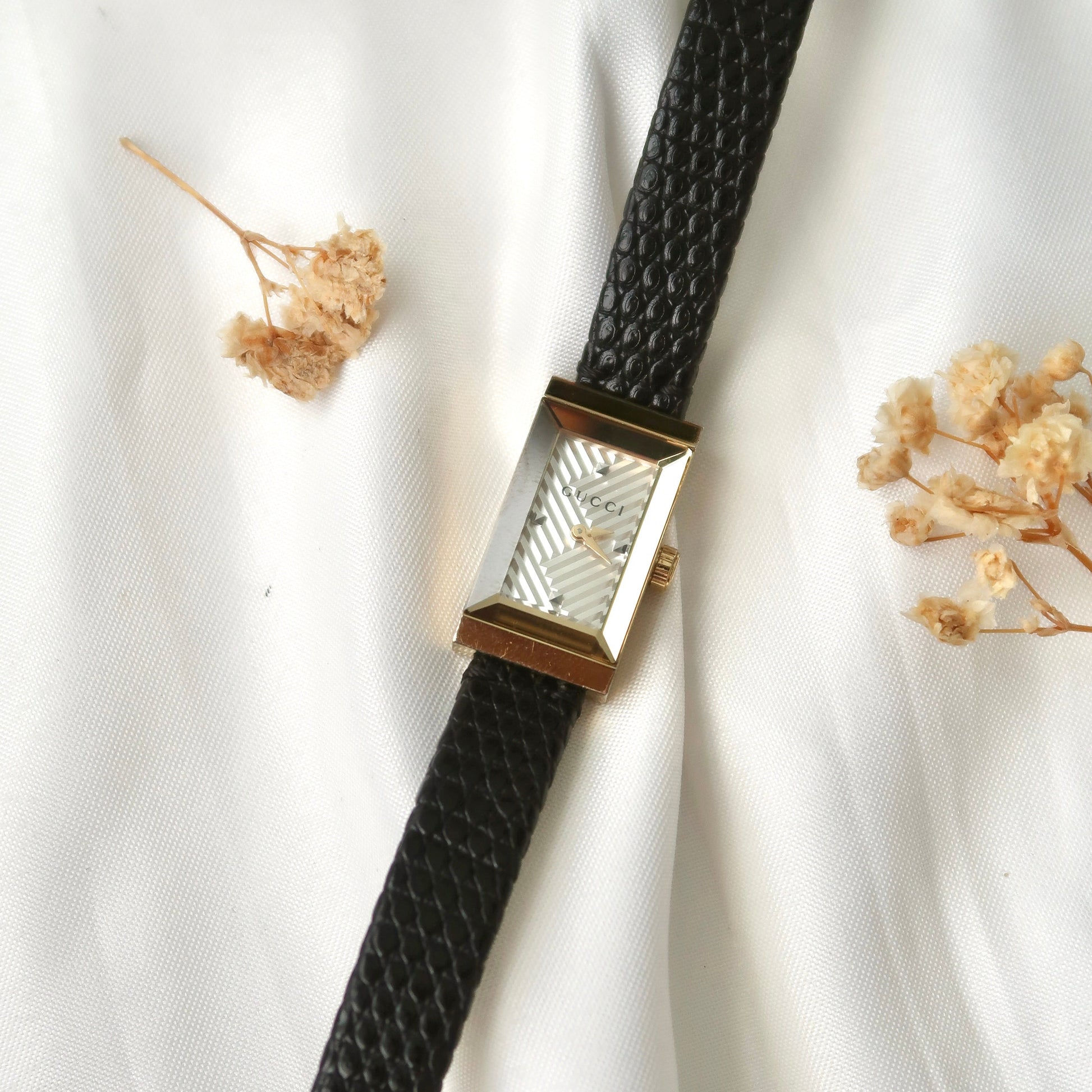 Gc. Rect Patterned Dial with Black Leather Strap Watch