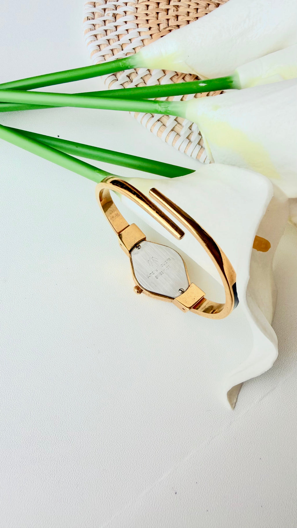 AM. White Green Flower Black Dial Gold Bangle Watch