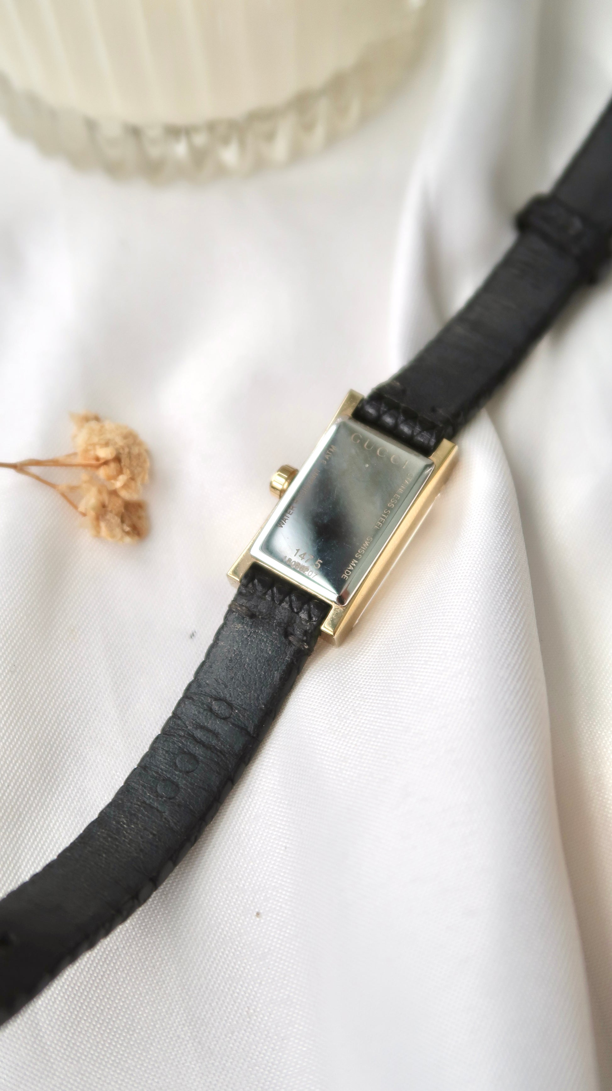 Gc. Rect Patterned Dial with Black Leather Strap Watch