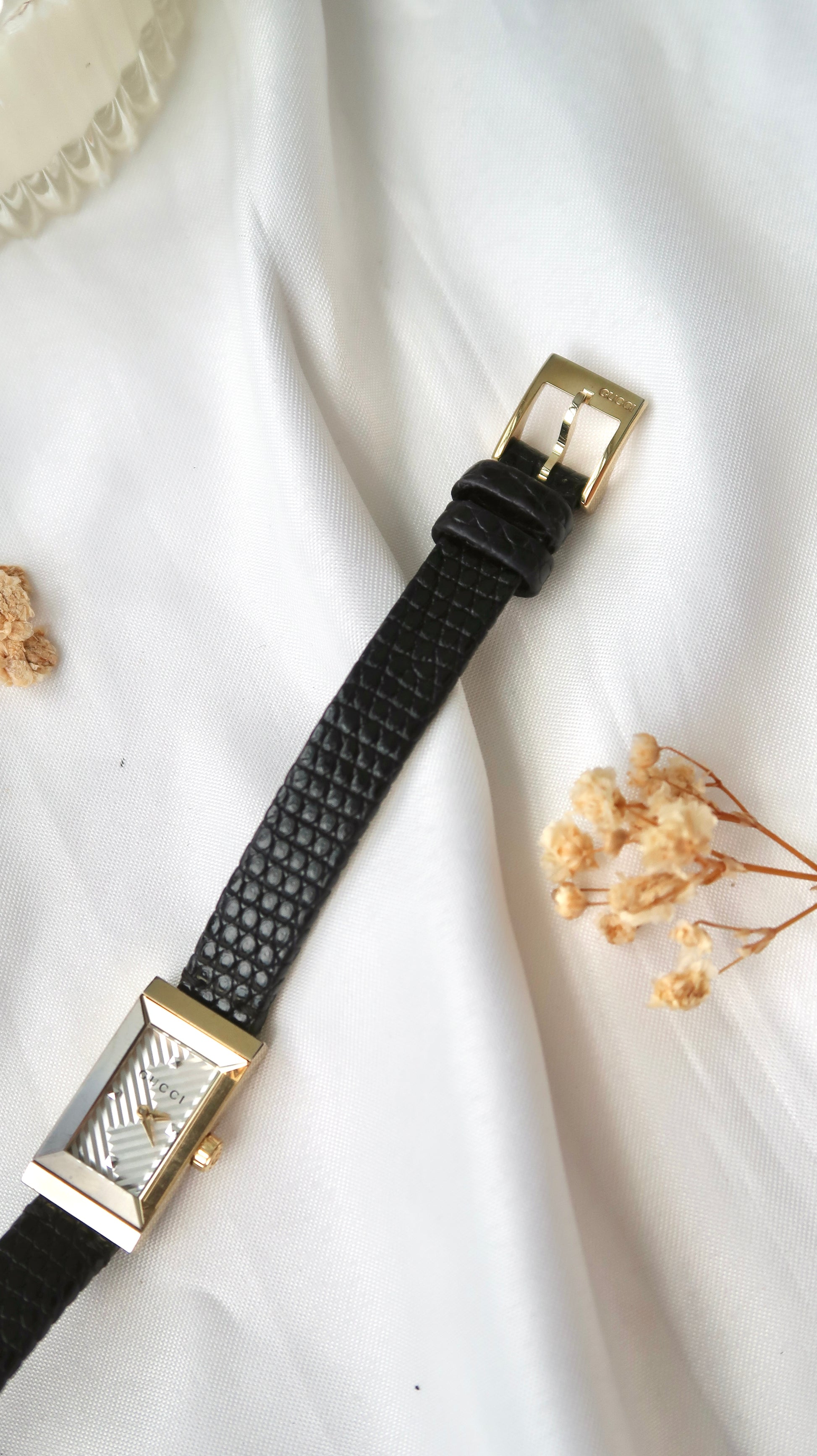 Gc. Rect Patterned Dial with Black Leather Strap Watch