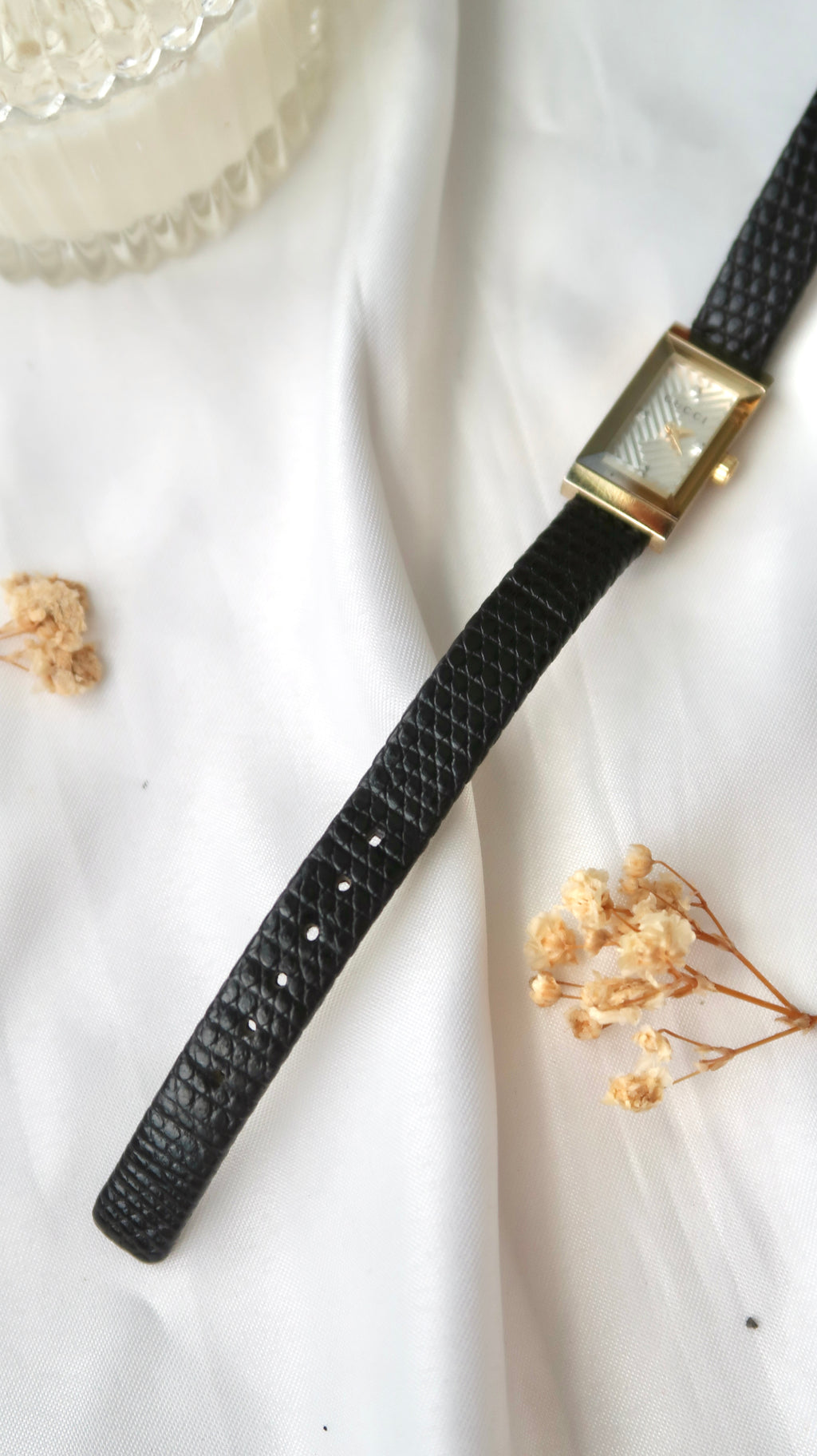 Gc. Rect Patterned Dial with Black Leather Strap Watch