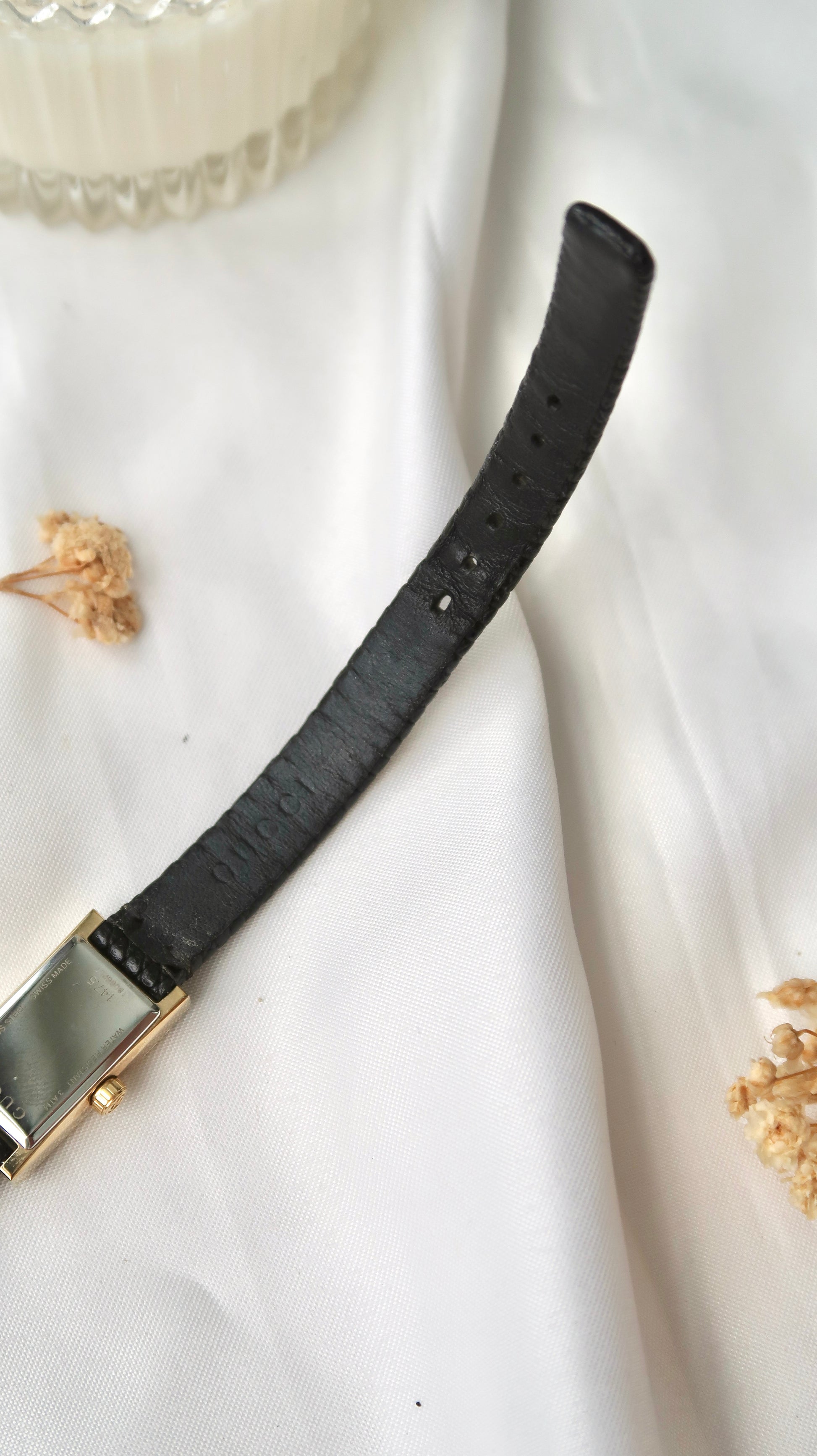 Gc. Rect Patterned Dial with Black Leather Strap Watch