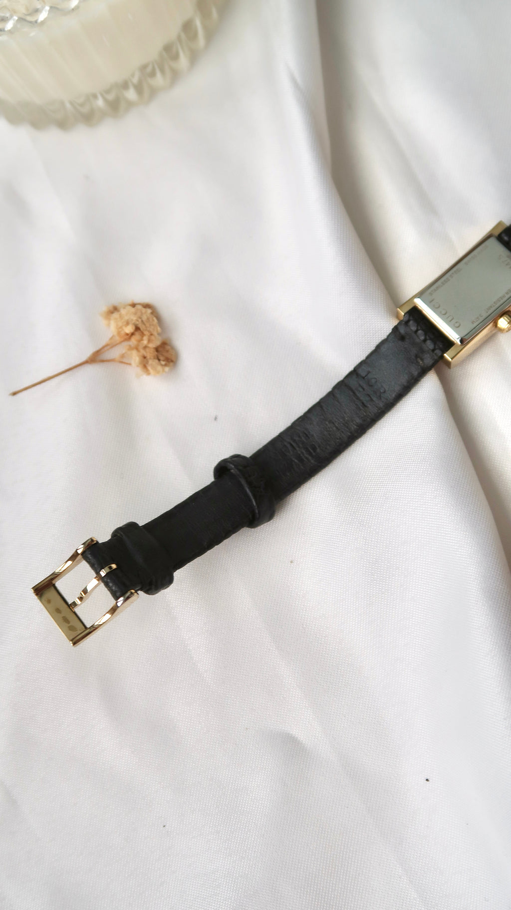 Gc. Rect Patterned Dial with Black Leather Strap Watch